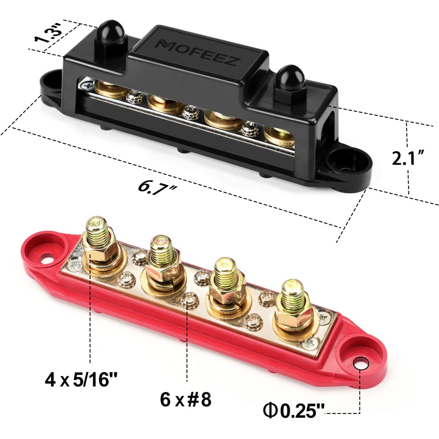 Mofeez Power Distribution Block Bus Bar  4 X 5/16"" Posts  6 X 8 Screws Terminals  Max 48V 250A (Pair  Red & Black)
