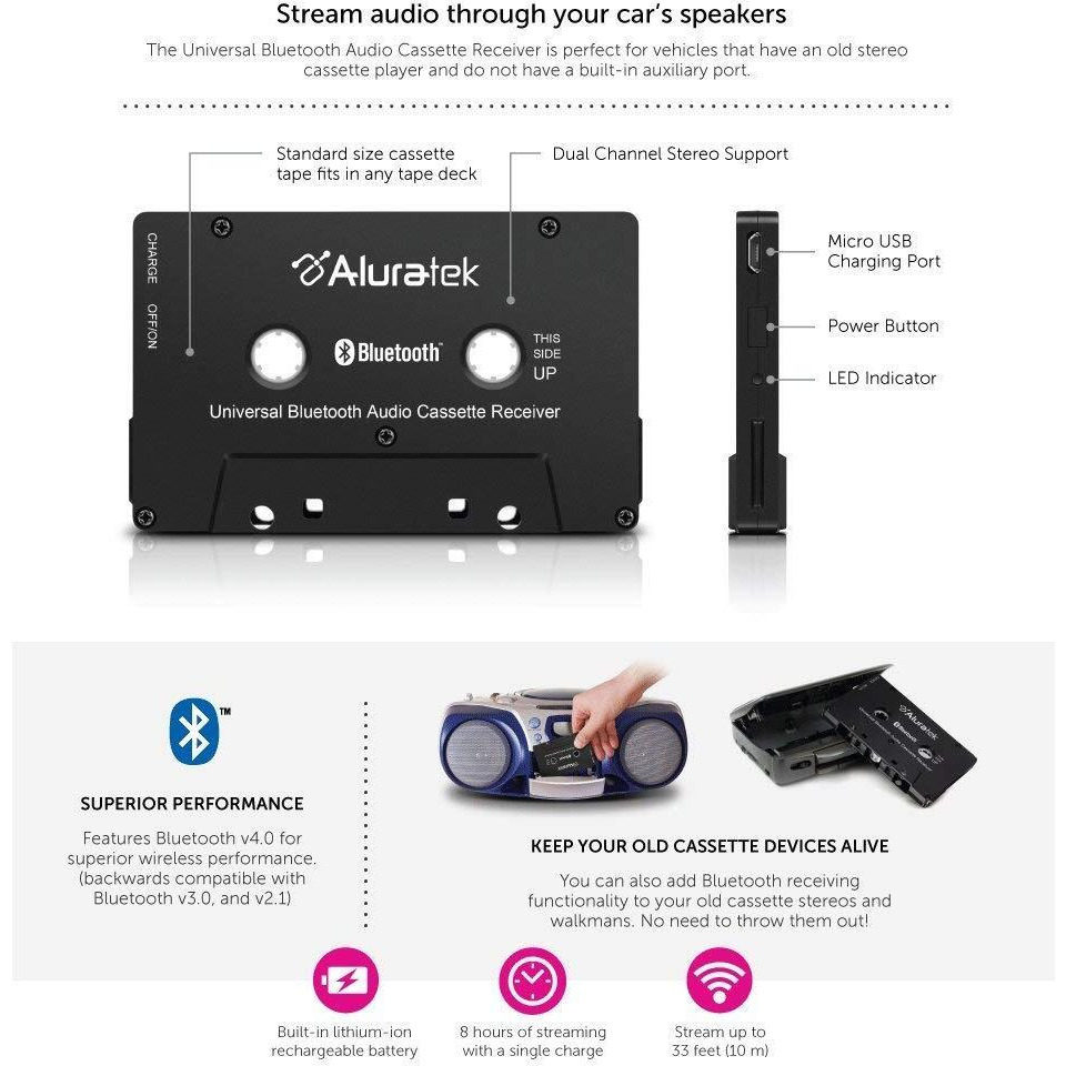 Aluratek Universal Bluetooth Audio Cassette Receiver  Built-In Rechargeable Battery  Up To 8 Hours Playtime  Audio Receiving Up To 33 Feet  Abct01F
