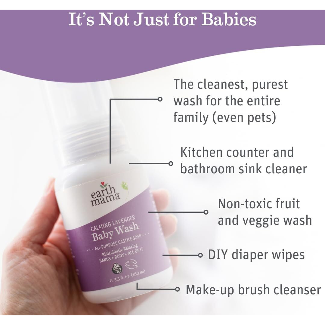 Earth Mama Calming Lavender Baby Wash Liquid Foaming Hand Soap  Organic All-Purpose Lavender Body Wash For Sensitive Skin  Castile Soap With Coconut Oil  Shea Butter  Calendula  & Aloe  5.3 Fl Oz