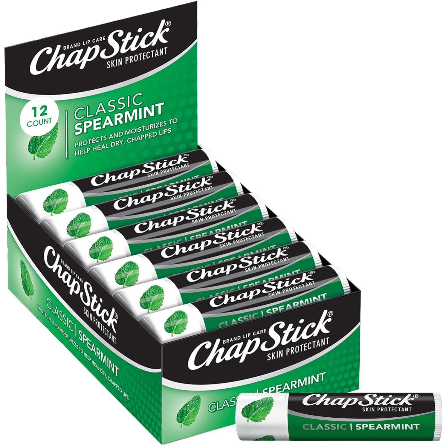 Chapstick Bulk Lip Balm  Classic Spearmint 12-Pack - Cool & Refreshing Lip Moisturizer For Dry Lips  0.15 Oz Ea