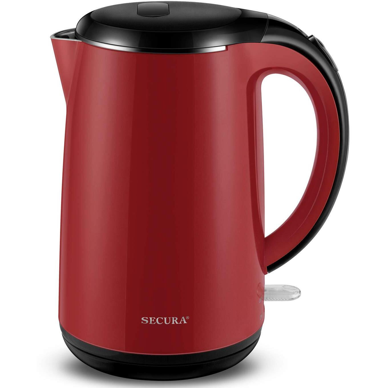 Secura Original Stainless Steel Double Wall Electric Water Kettle 1.8 Quart With Auto Shut-Off & Boil-Dry Protection  Red Swk-1701Dr/Hb-3227B
