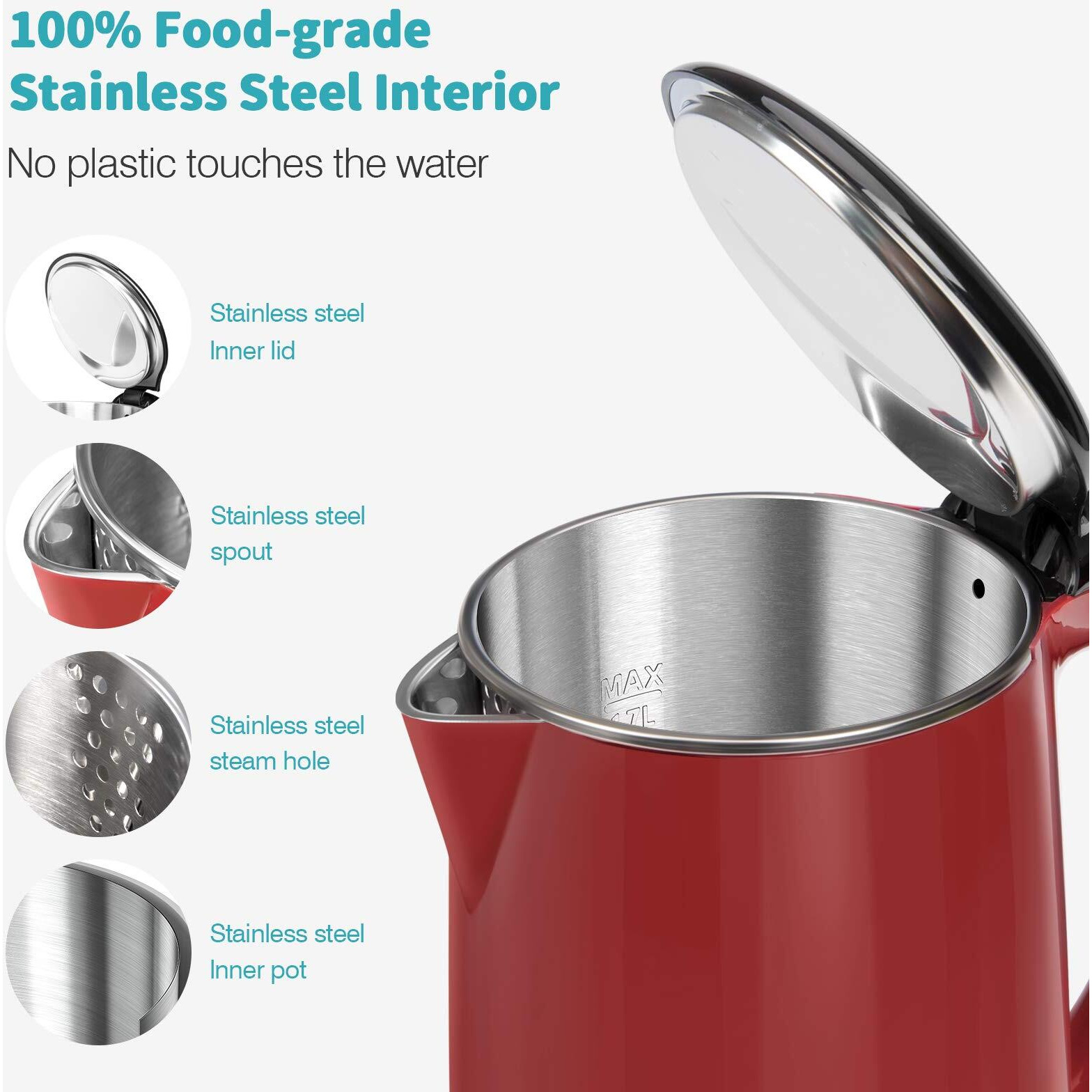 Secura Original Stainless Steel Double Wall Electric Water Kettle 1.8 Quart With Auto Shut-Off & Boil-Dry Protection  Red Swk-1701Dr/Hb-3227B