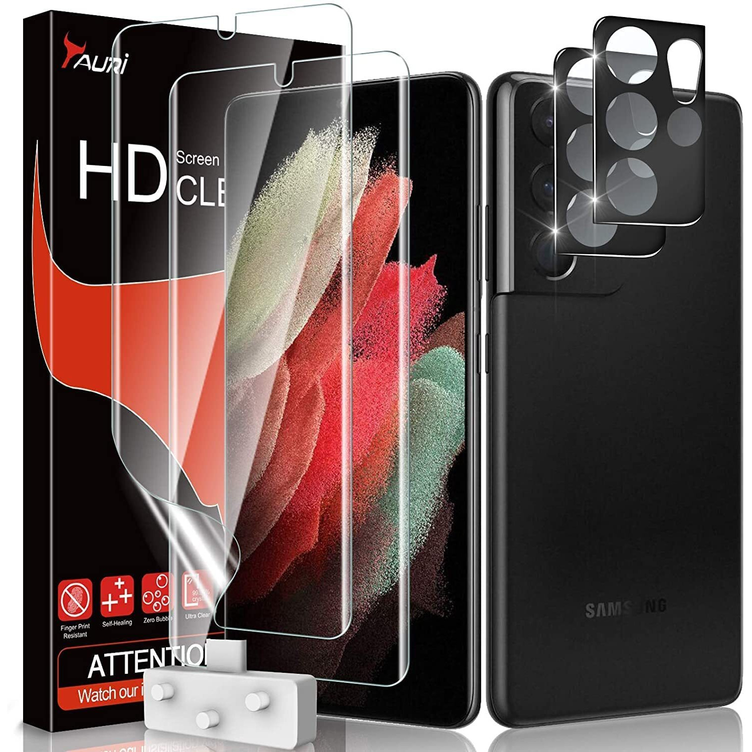Tauri [2+2 Pack Designed For Samsung Galaxy S21 Ultra 5G 6.8 - Inch  2 Pack Flexible Tpu Screen Protector + 2 Pack Camera Lens Protector Support Fingerprint Unlock Easy Installation Bubble Free