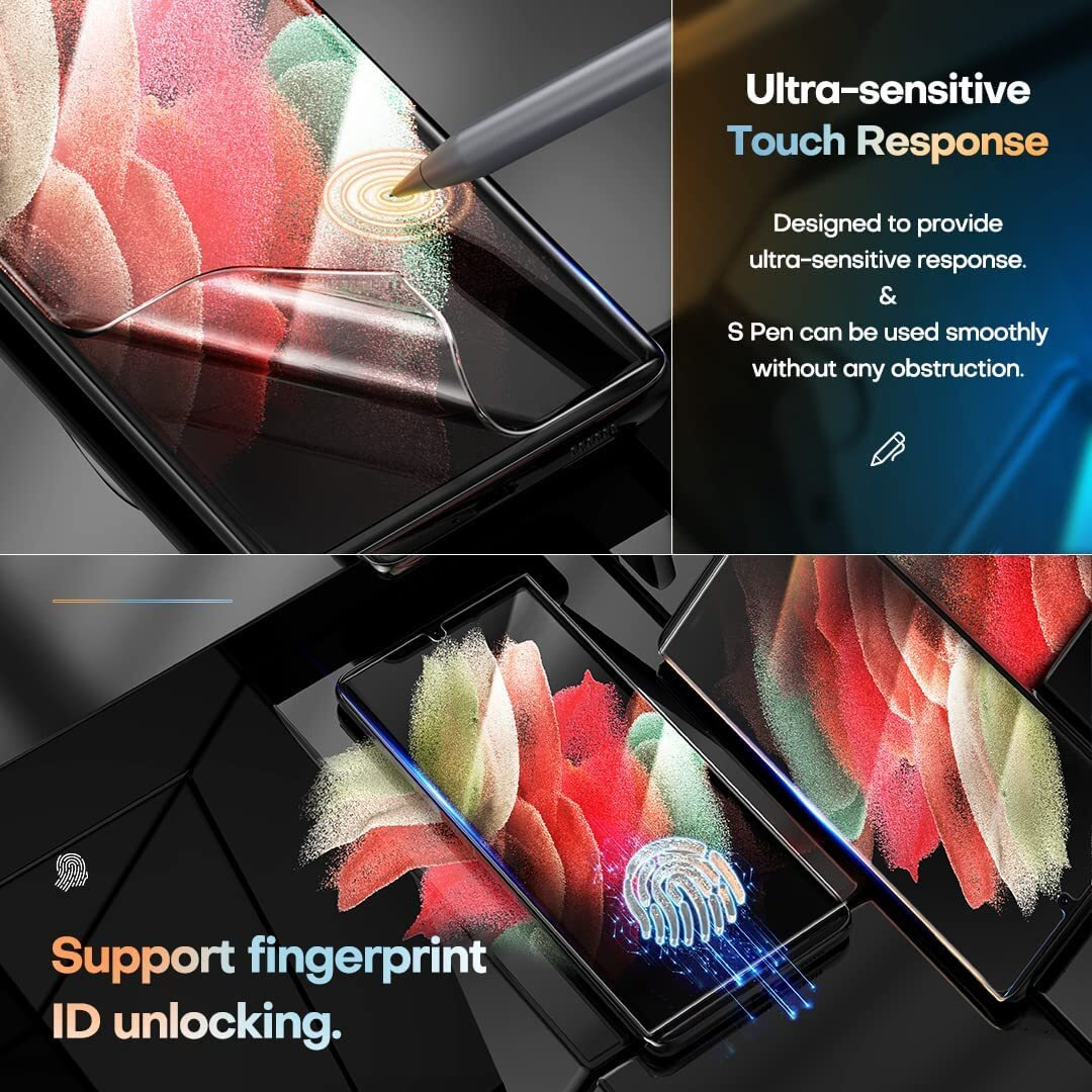 Tauri [2+2 Pack Designed For Samsung Galaxy S21 Ultra 5G 6.8 - Inch  2 Pack Flexible Tpu Screen Protector + 2 Pack Camera Lens Protector Support Fingerprint Unlock Easy Installation Bubble Free