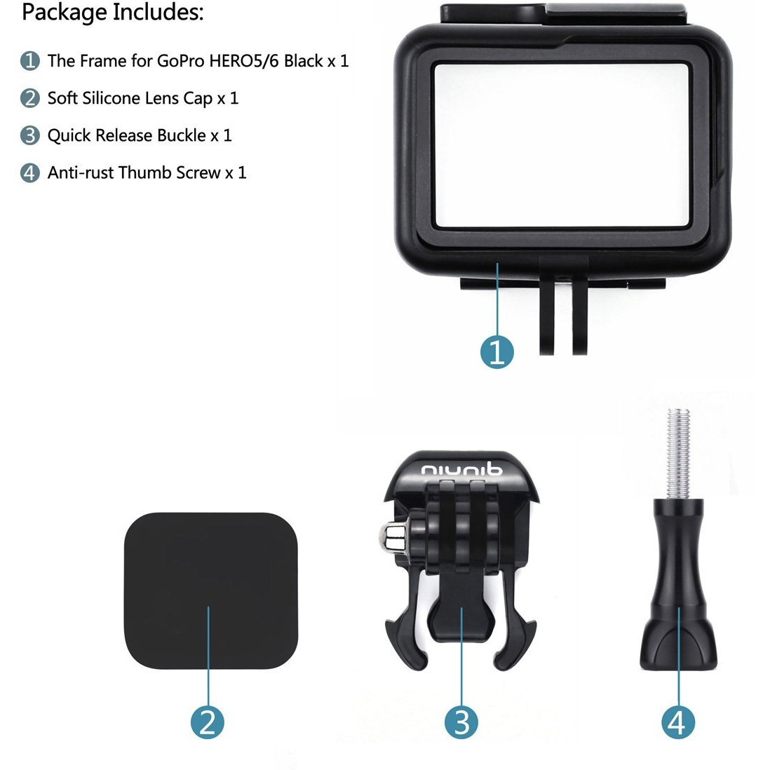 Frame Mount Housing Case For Gopro Hero 5/6/7 Black Action Camera - Protective Case With Quick Release Buckle  Long Thumb Bolt Screw  And Lens Cap - Black