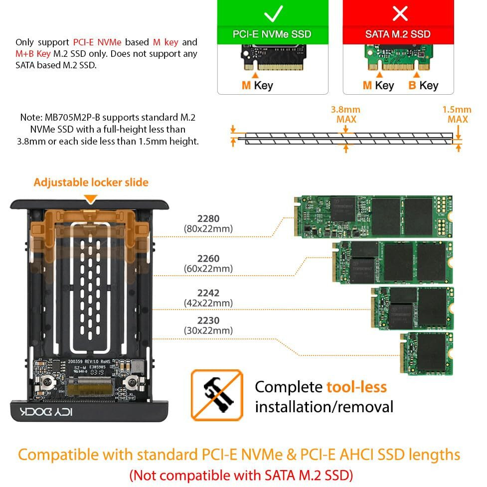 Icy Dock M.2 Pcie 3.0/4.0 Nvme Ssd To 2.5"" U.2 Ssd Converter / Mounting Adapter With Heatsink | Ezconvert Mb705M2P-B