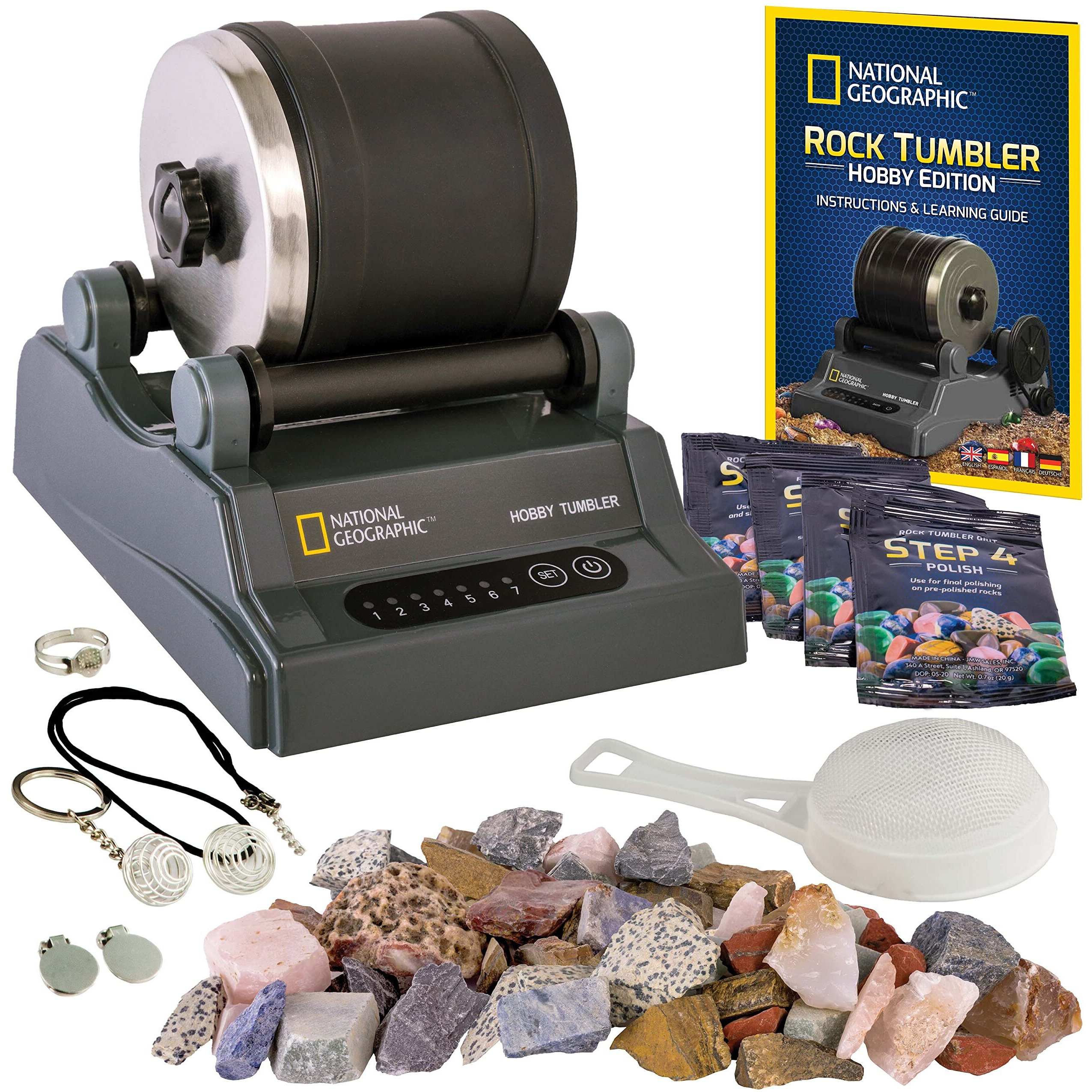National Geographic Rock Tumbler Kit - Hobby Edition Includes Rough Gemstones  And 4 Polishing Grits  Great Stem Science Kit For Geology Enthusiasts  Rock Polisher For Kids And Adults