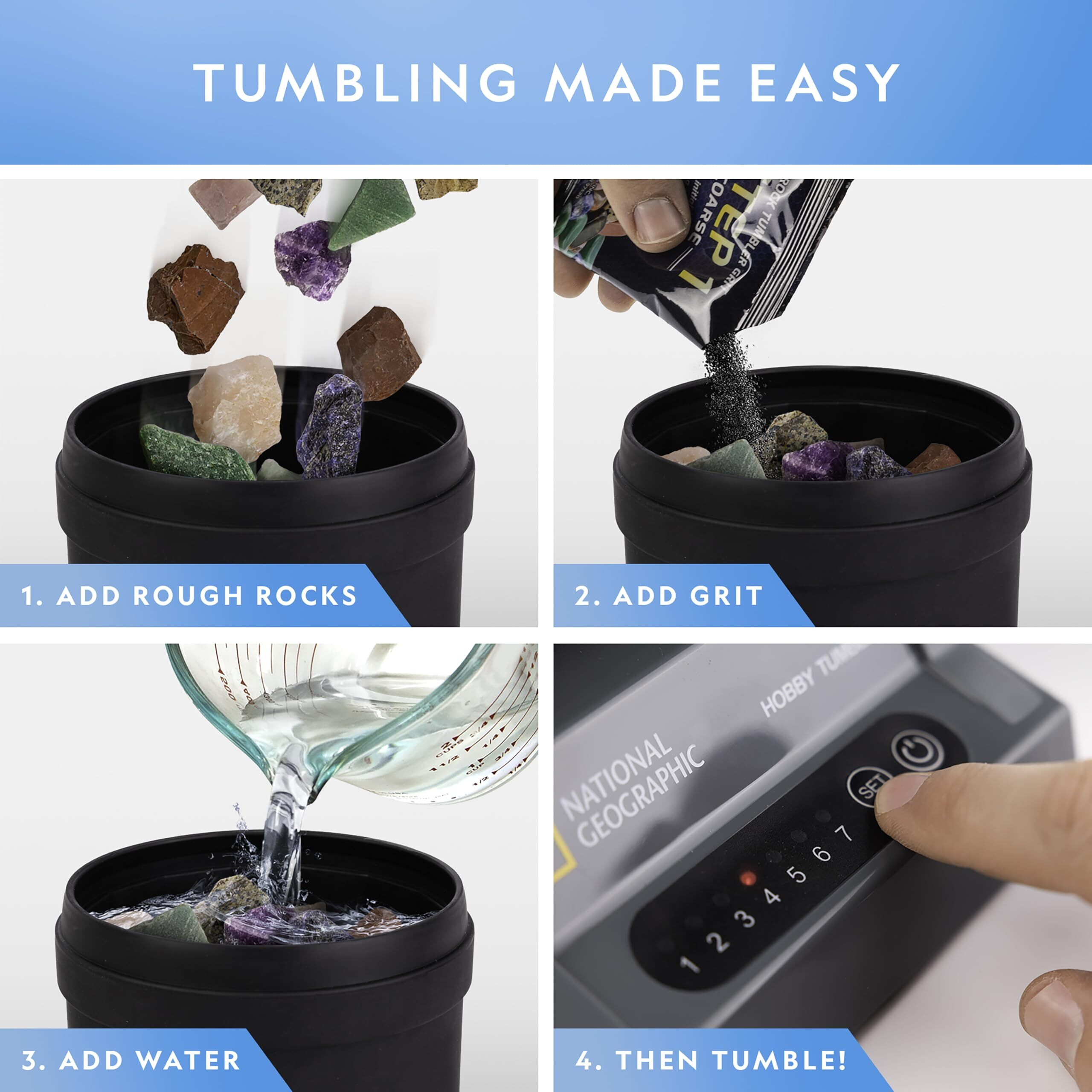 National Geographic Rock Tumbler Kit - Hobby Edition Includes Rough Gemstones  And 4 Polishing Grits  Great Stem Science Kit For Geology Enthusiasts  Rock Polisher For Kids And Adults