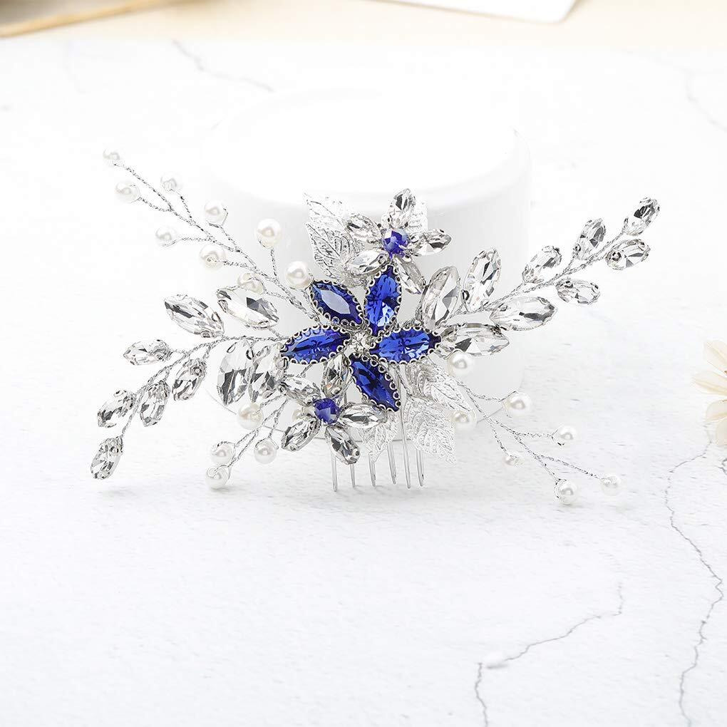 Olbye Wedding Hair Comb Blue Rhinestone Bridal Hair Accessories For Bride And Bridesmaids Wedding Hair Piece Silver