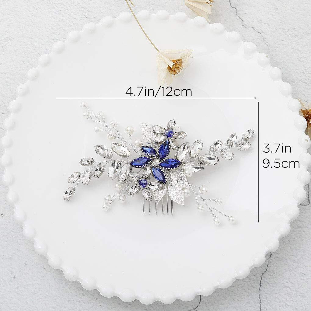 Olbye Wedding Hair Comb Blue Rhinestone Bridal Hair Accessories For Bride And Bridesmaids Wedding Hair Piece Silver