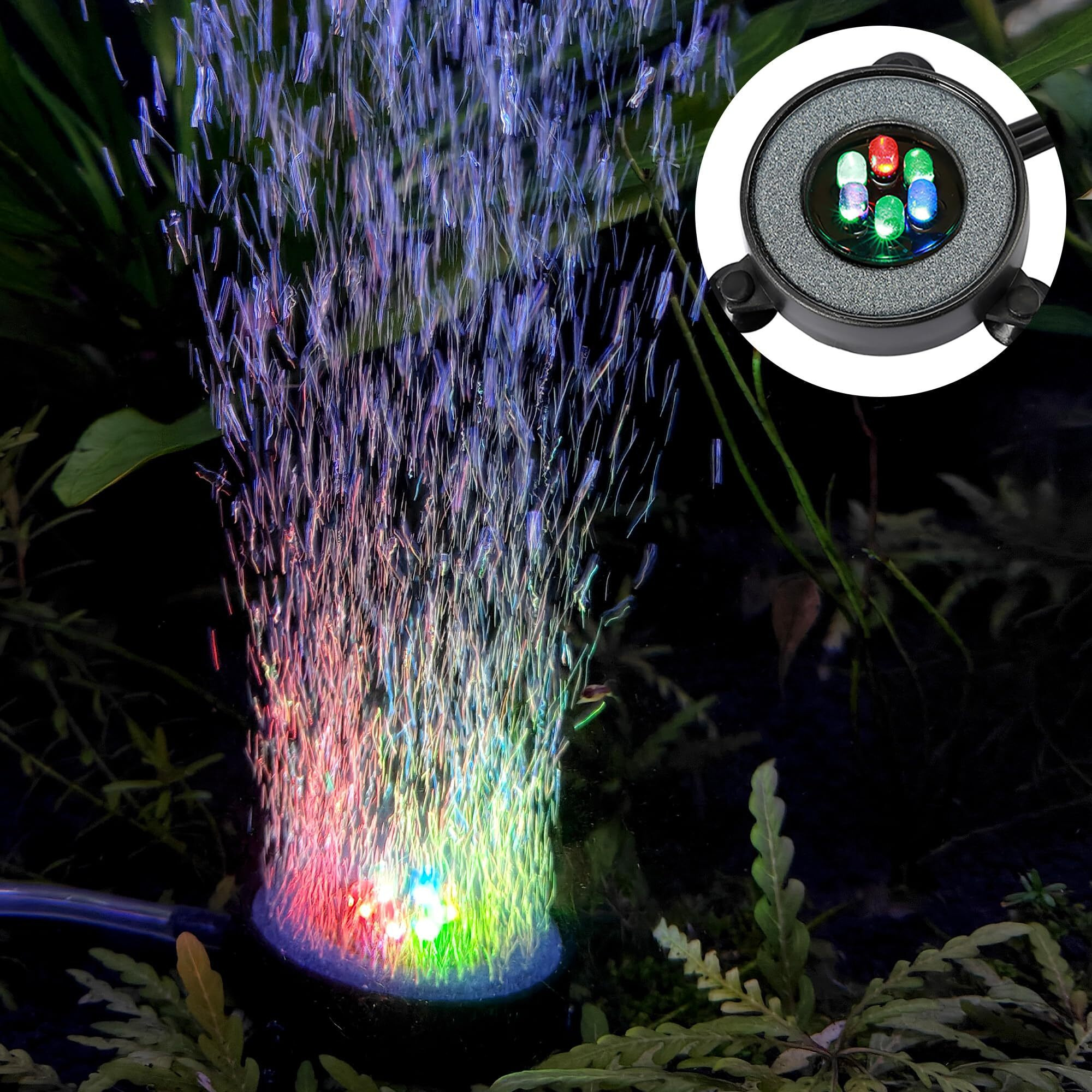 Nicrew Multi-Colored Led Aquarium Bubbling Stone Disk  Round Fish Tank Bubbler With Auto Color Changing Leds