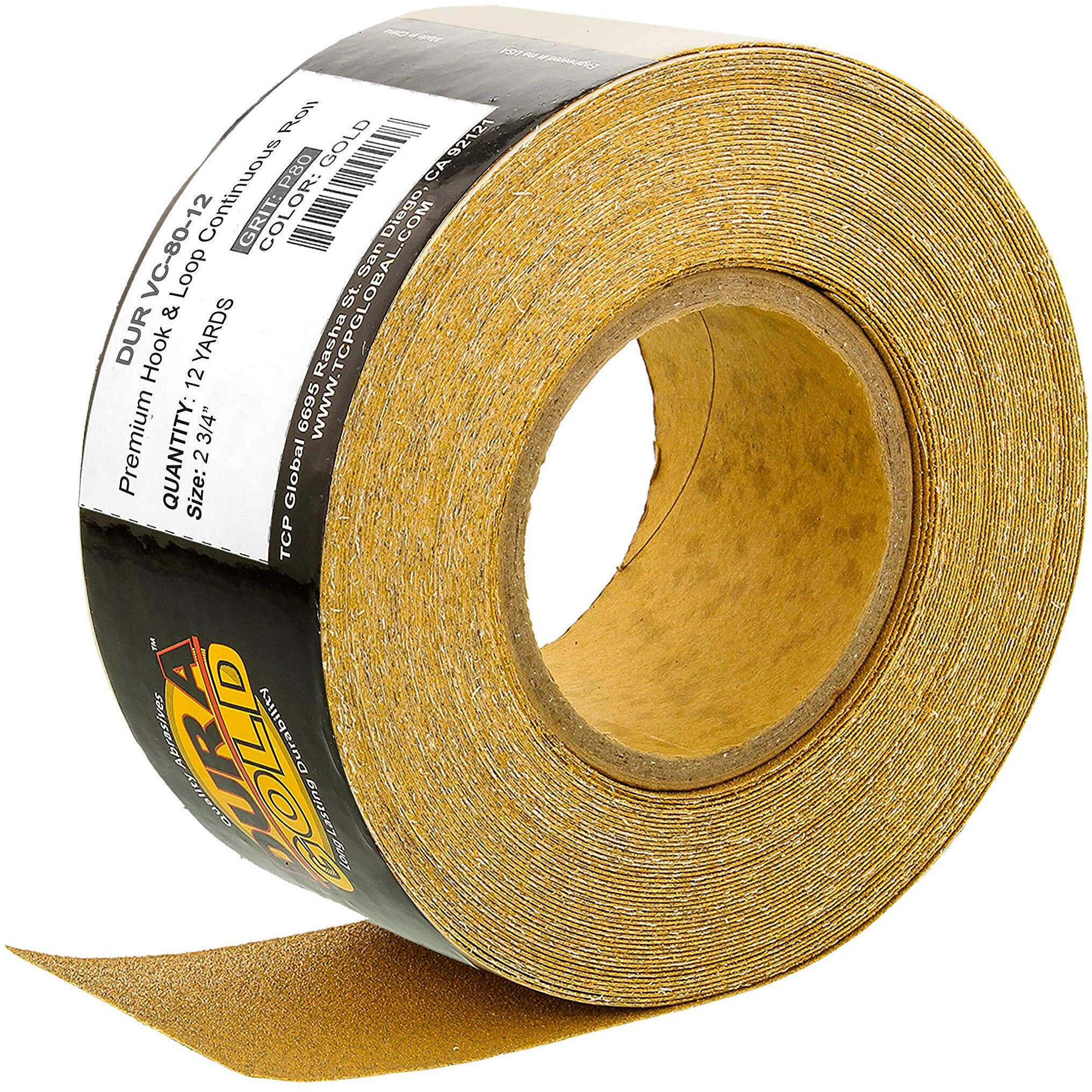 Dura-Gold Premium - 80 Grit Gold - Hook & Loop Backing Longboard Continuous Sandpaper Roll  2-3/4"" Wide  12 Yards Long - For Automotive & Woodworking Air File Long Board Sanders  Hand Sanding Blocks