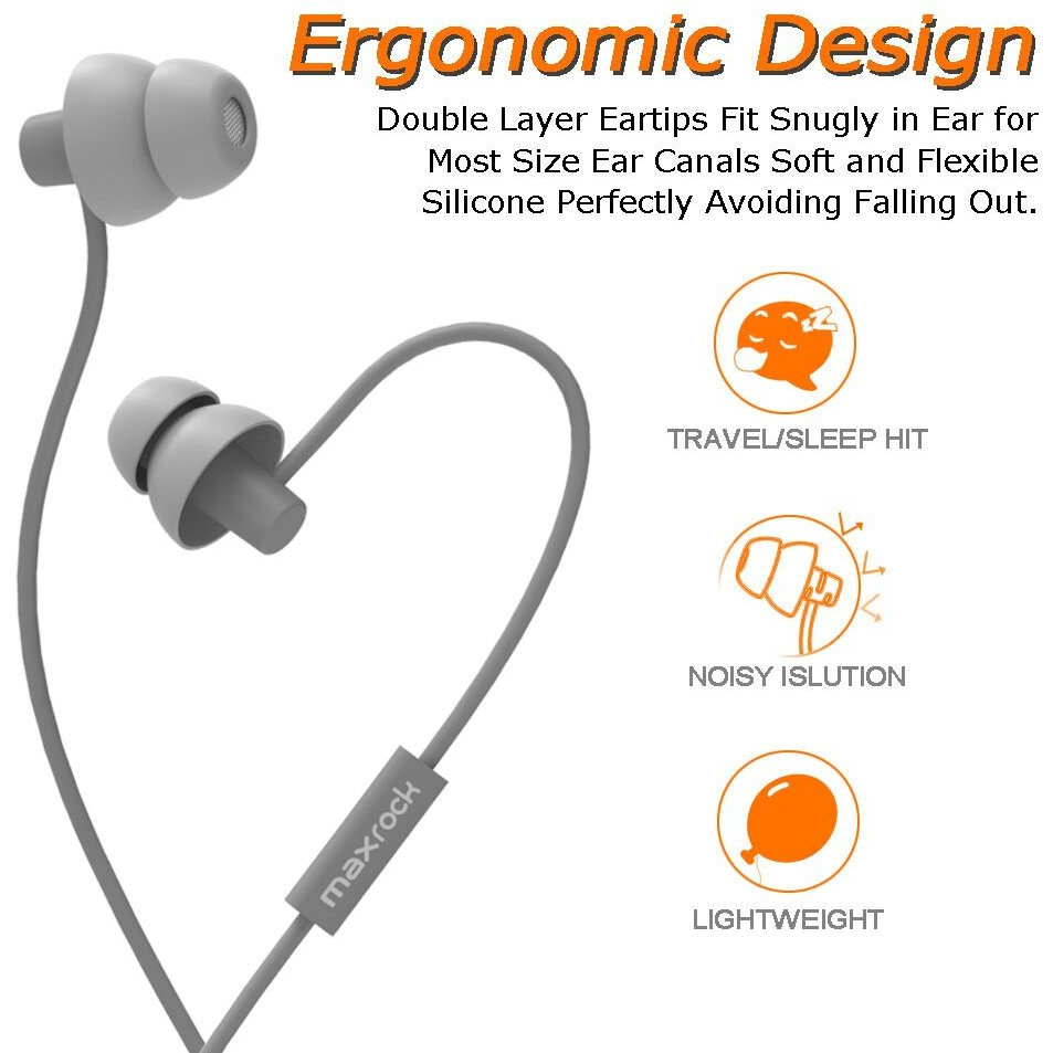 Maxrock Sleeping Headphones  In-Ear Soundproof Earplug Soft Earbuds With Mic Noise Cancelling Sleep Earphones Earpods For Side Sleeper  Insomnia  Snoring  Air Travel  Bedtime Listening (Gray)