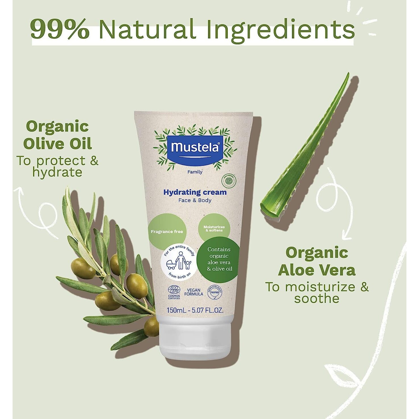 Mustela Certified Organic Hydrating Cream - Natural Body Lotion W/ Olive Oil  Aloe Vera & Sunflower Oil - For Baby  Kid & Adult - Fragrance Free  Ewg Verified & Vegan - 5.07 Oz. - Packaging May Vary