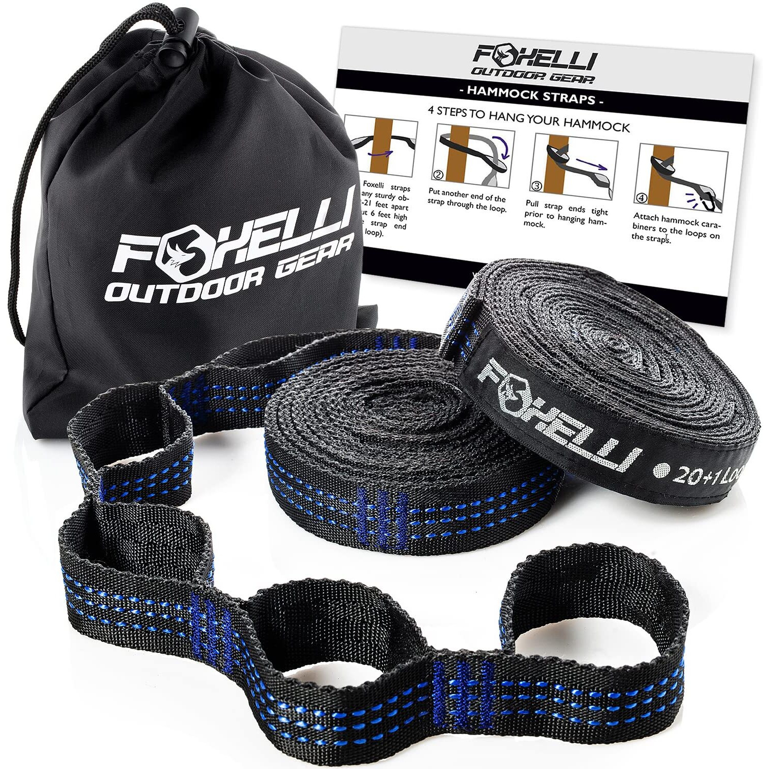 Foxelli Xl Hammock Straps - Extra Long 20Ft Heavy Duty No-Stretch Suspension System  40+2 Loops  2000 Lbs Capacity  For Indoor/Outdoor Use - Set Of 2 Straps & Carry Bag