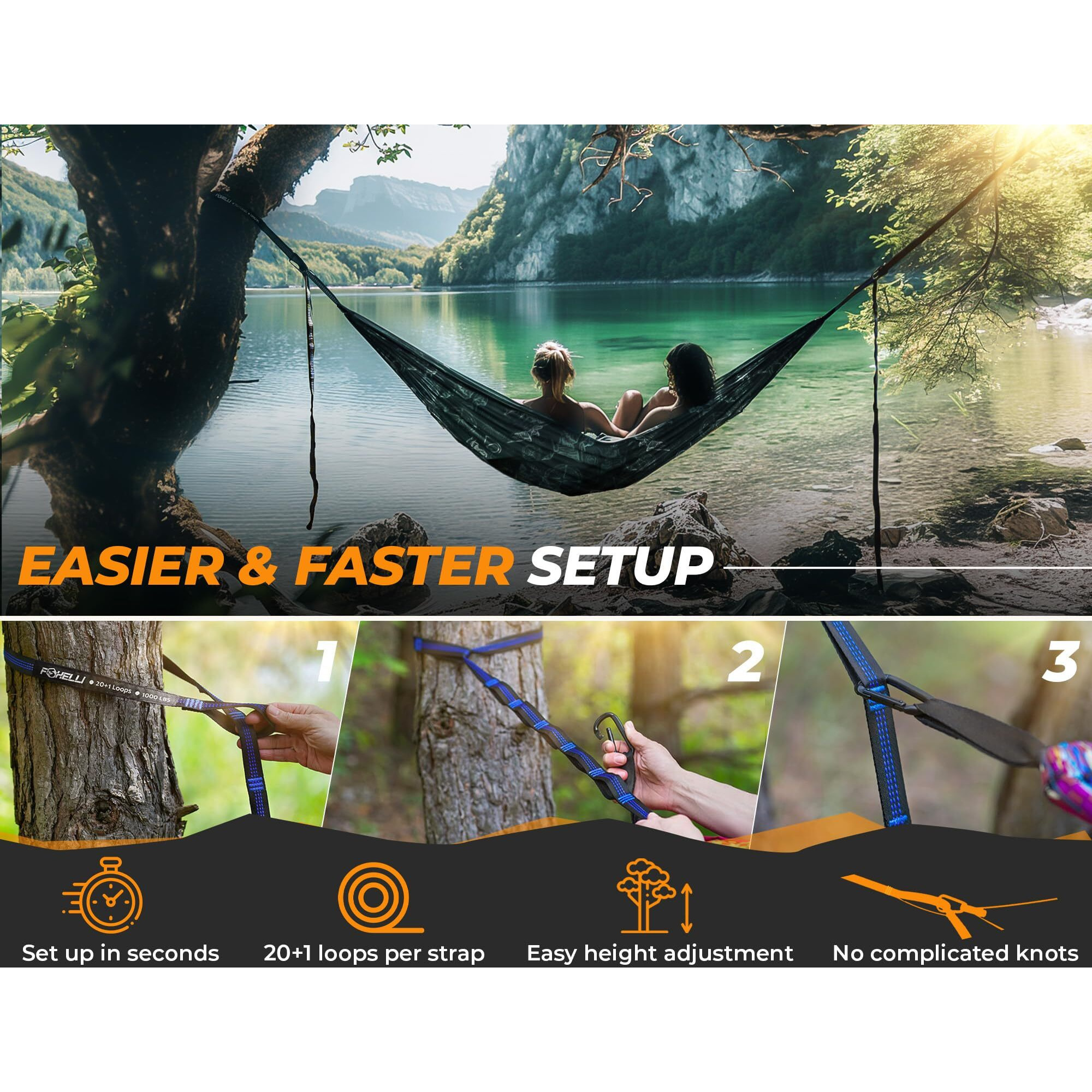 Foxelli Xl Hammock Straps - Extra Long 20Ft Heavy Duty No-Stretch Suspension System  40+2 Loops  2000 Lbs Capacity  For Indoor/Outdoor Use - Set Of 2 Straps & Carry Bag