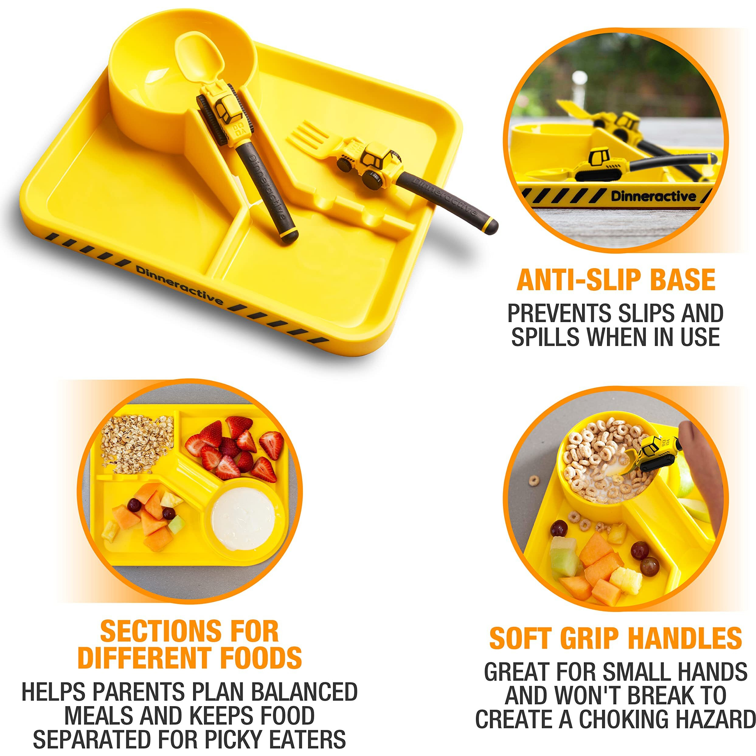 Dinneractive Dining Set For Kids - 3 Piece Construction Themed Toddler Utensils & Toddler Plates - Toddler Forks And Spoons - Kid Plate Set