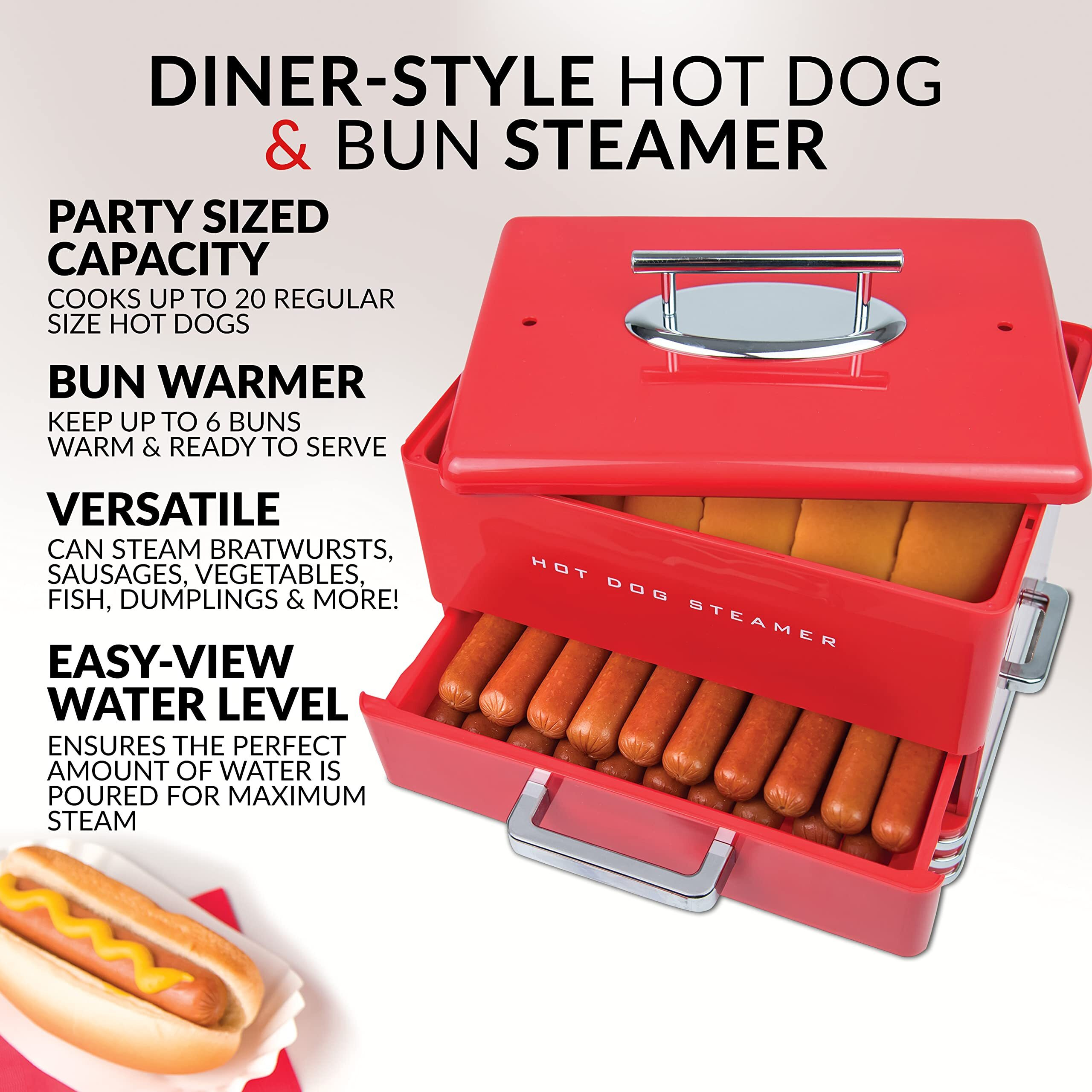 Nostalgia Extra Large Diner-Style Steamer 20 Hot Dogs And 6 Bun Capacity  Perfect For Breakfast Sausages  Brats  Vegetables  Fish