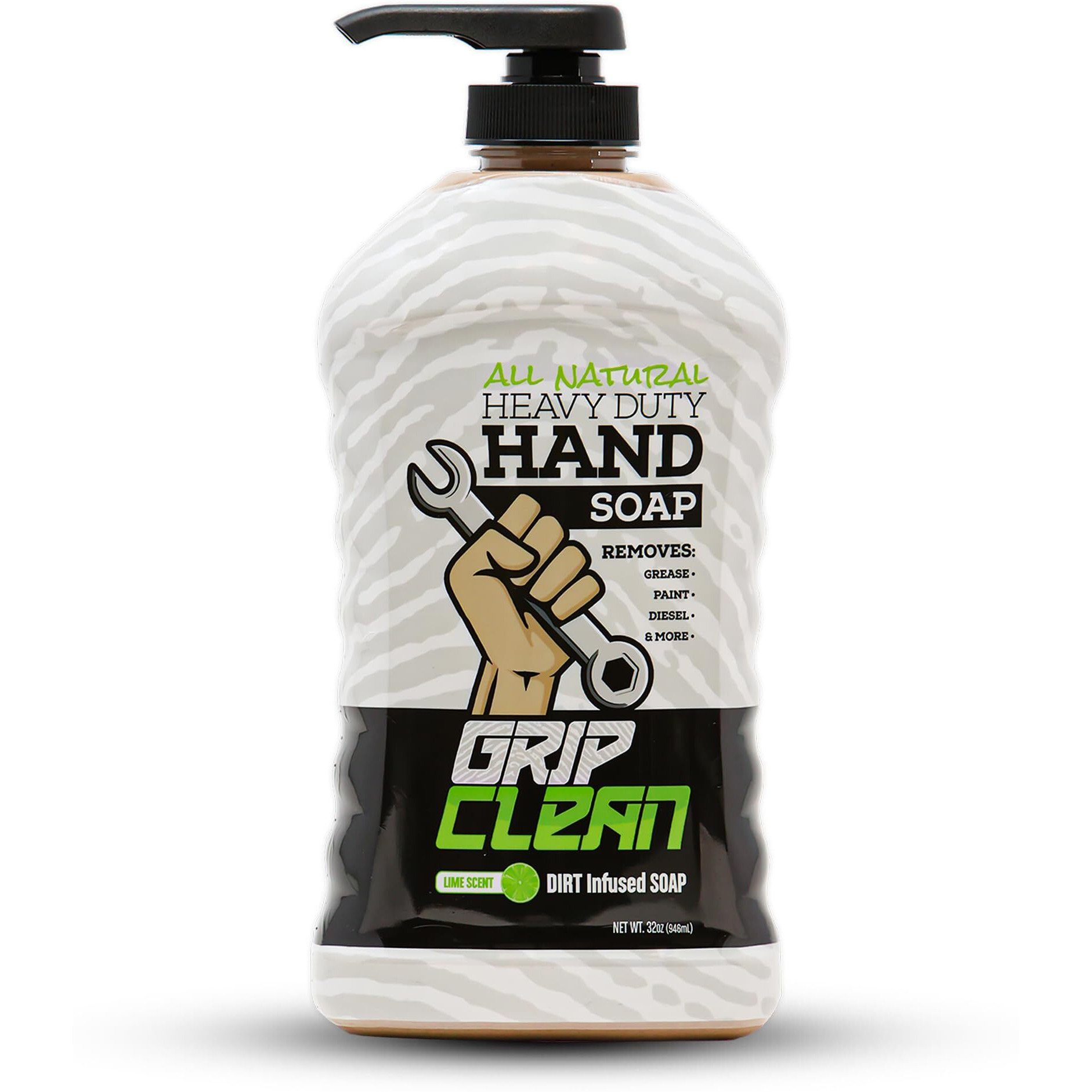 Grip Clean - Hand Cleaner For Mechanics - Heavy-Duty Mechanic Soap  Liquid Hand Soap With Natural Pumice & Clay To Absorb Tough Grease  Oil & Dirt - Moisturizing Coconut Oil  Lime Scent (32Oz)