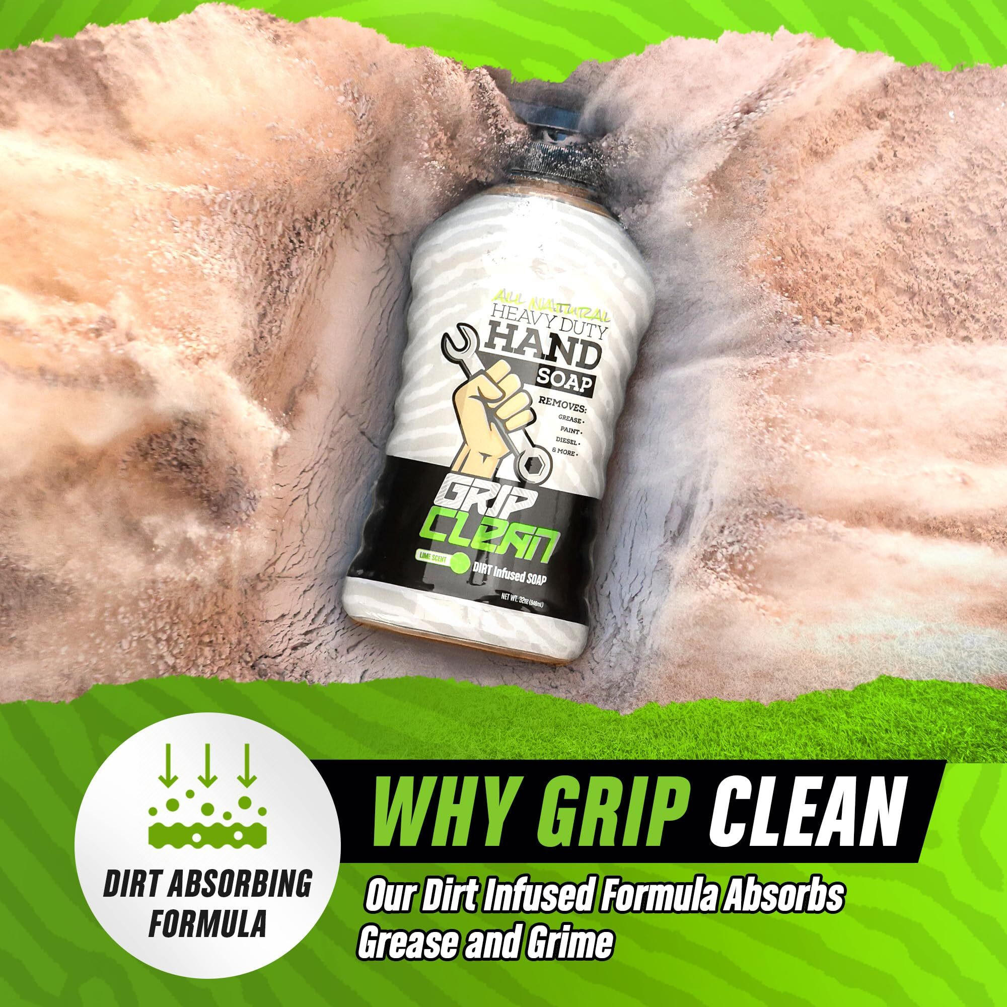Grip Clean - Hand Cleaner For Mechanics - Heavy-Duty Mechanic Soap  Liquid Hand Soap With Natural Pumice & Clay To Absorb Tough Grease  Oil & Dirt - Moisturizing Coconut Oil  Lime Scent (32Oz)