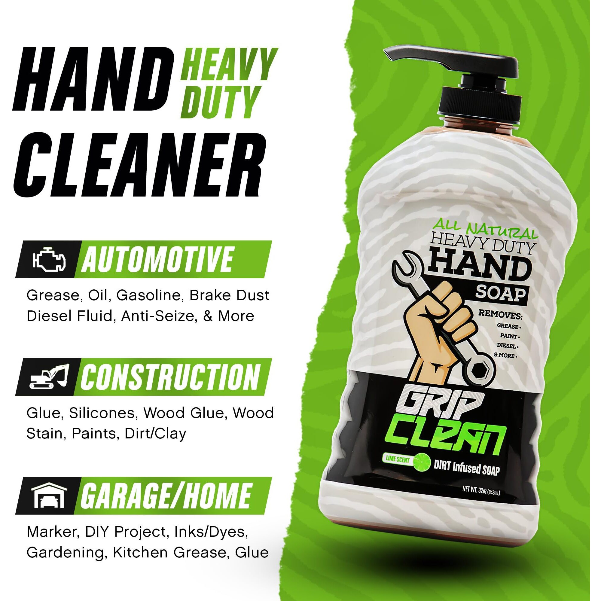 Grip Clean - Hand Cleaner For Mechanics - Heavy-Duty Mechanic Soap  Liquid Hand Soap With Natural Pumice & Clay To Absorb Tough Grease  Oil & Dirt - Moisturizing Coconut Oil  Lime Scent (32Oz)