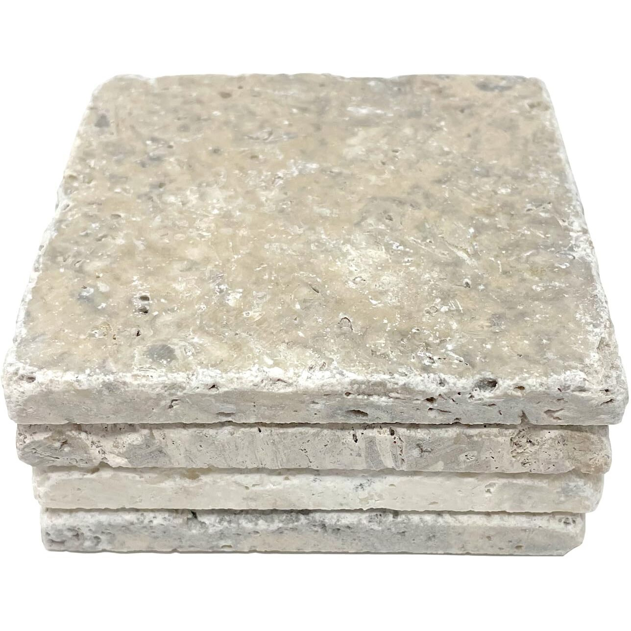 Beige 4'' X 4'' Travertine With Fossil Coasters Stone Drink Spills Coasters Tumbled Stone Set Of 4 Pieces