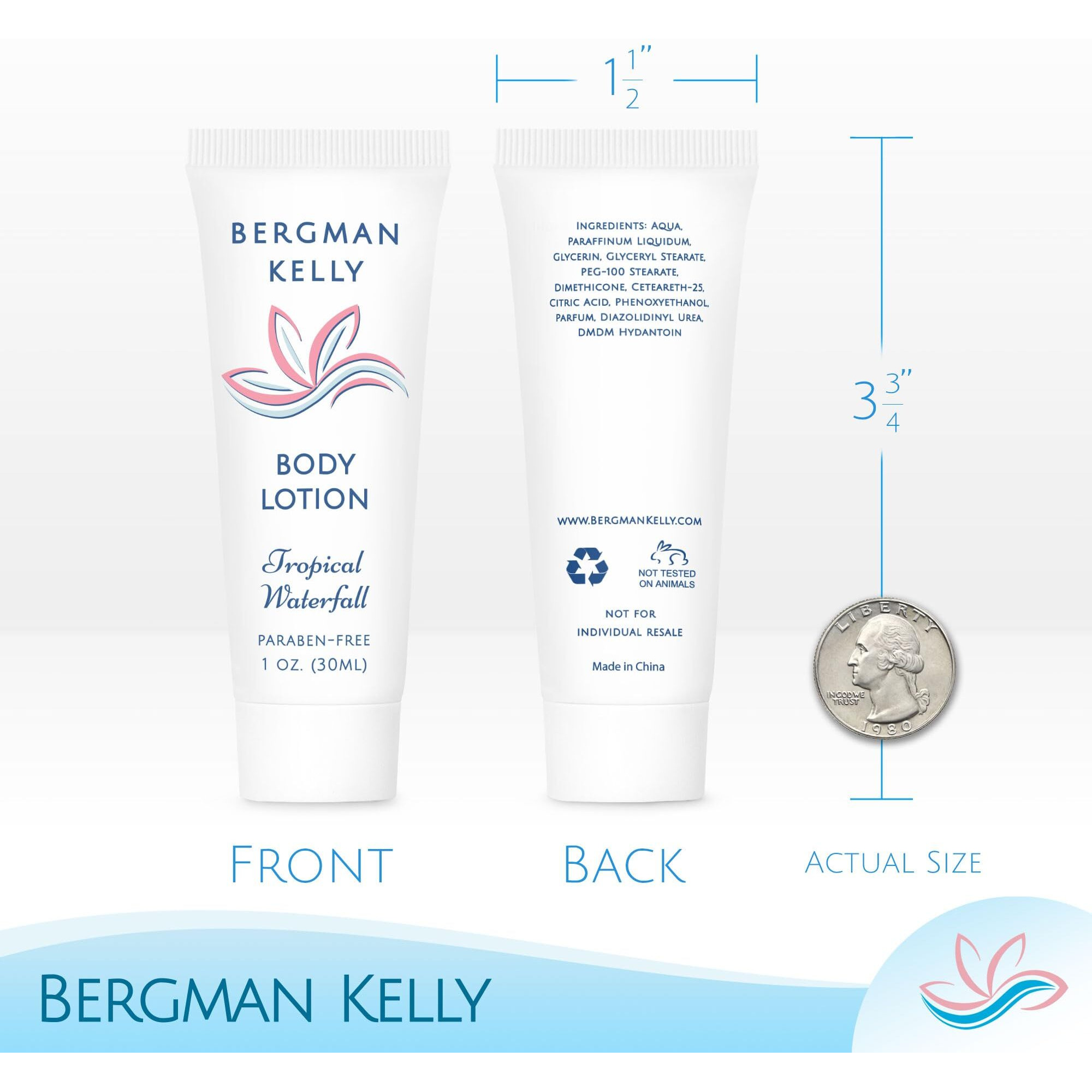 Bergman Kelly - Travel Size Lotion - 1 Fl Oz  100 Pk  Tropical Waterfall - Delight Your Guests W/Invigorating & Refreshing Body Lotion - Quality Mini & Small Size Guest Hotel Toiletries In Bulk