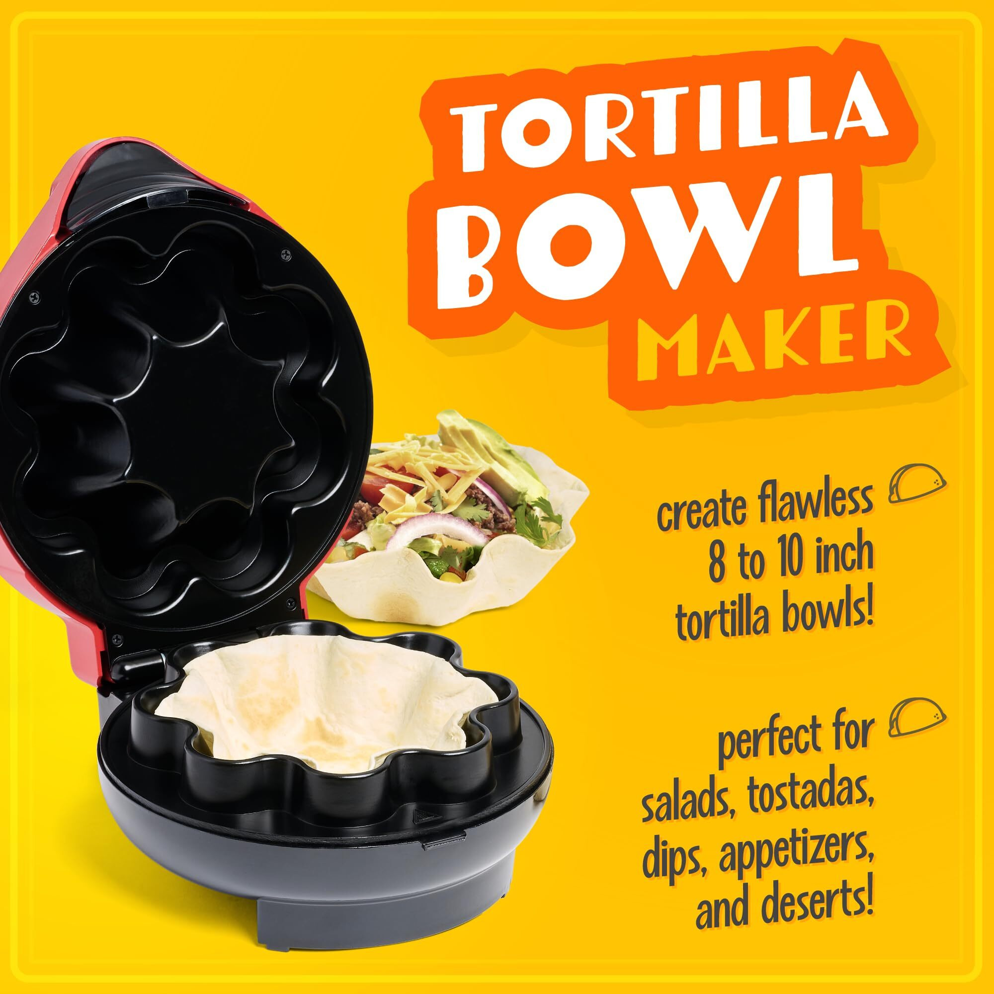 Nostalgia Taco Tuesday Tortilla Bowl Maker For Baked Taco Bowls  Tostadas  Salads  Dips  Appetizers  And Desserts  8 To 10 Inch Tortillas  Red