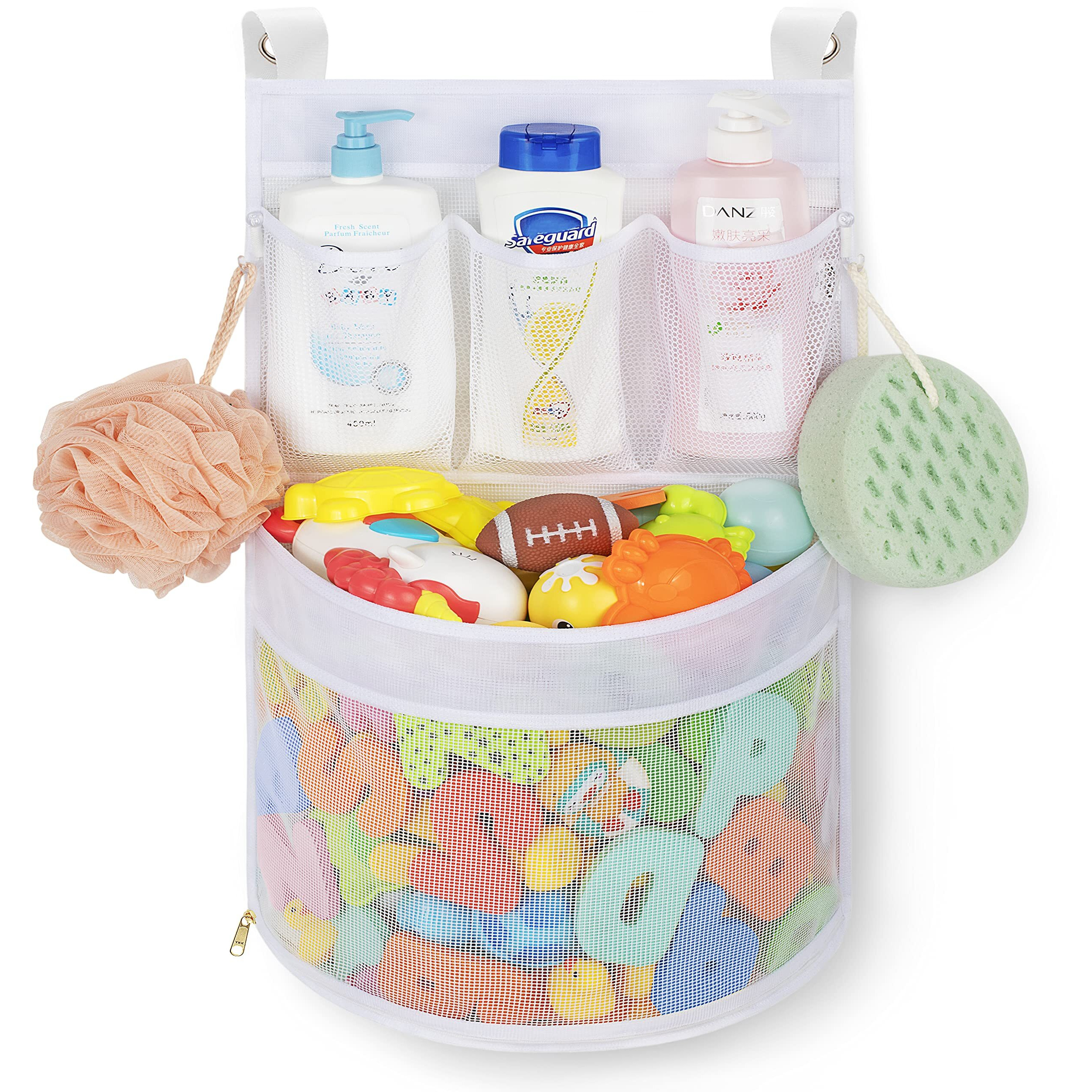Baby Bath Toy Organizer  Quick Drying  And Mould Proof  Multiple-Suspension Bath Toy Holder  Large Capacity Multi Use Bathtub Toy Storage Bag(1 Large  White)