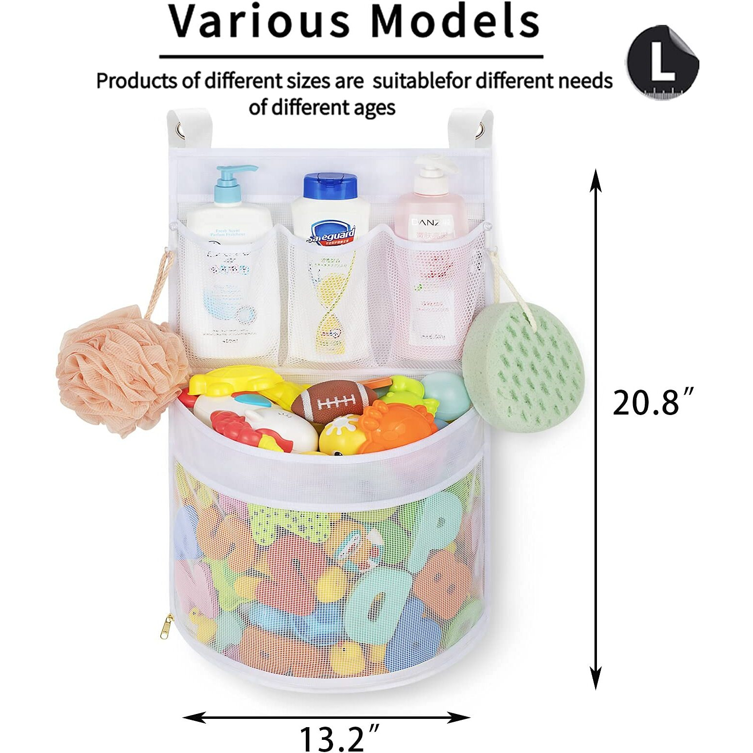 Baby Bath Toy Organizer  Quick Drying  And Mould Proof  Multiple-Suspension Bath Toy Holder  Large Capacity Multi Use Bathtub Toy Storage Bag(1 Large  White)