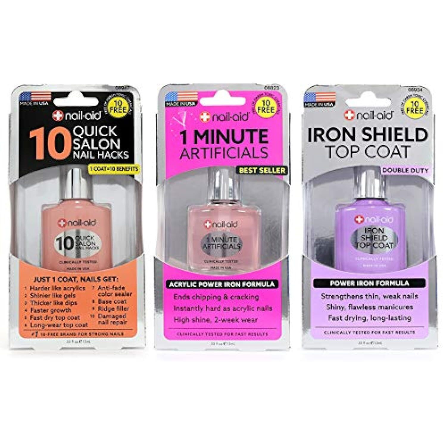 Nail-Aid 3Pk Of 10 Quick Hacks + 1 Minute Artificials + Iron Shield Top Coat  Clear  N/A  1.65 Fl Ounce