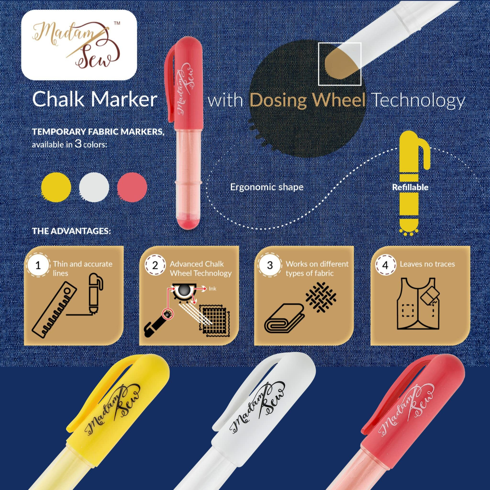 Madam Sew Fabric Chalk Markers For Sewing & Quilting | Refillable Tailors Chalk For Fabric Marking With Dosing Wheel | Sewing Chalk For Fabric Ideal For Marking On Cotton  Knit  Suede (Yellow)