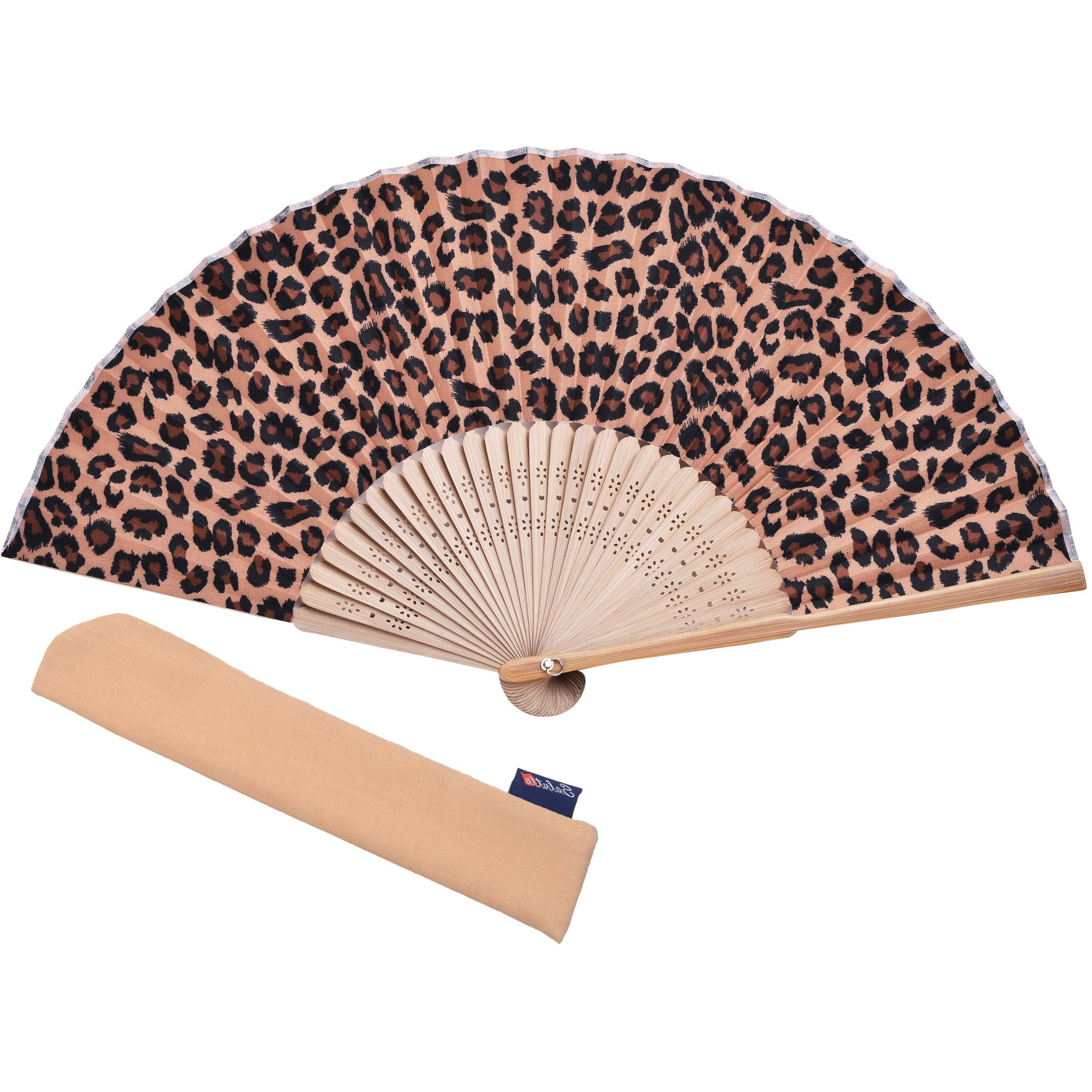 Hand Fan Bamboo Leopard Printed Folding Fan Cotton For Party Wedding Gift With Fan Cover