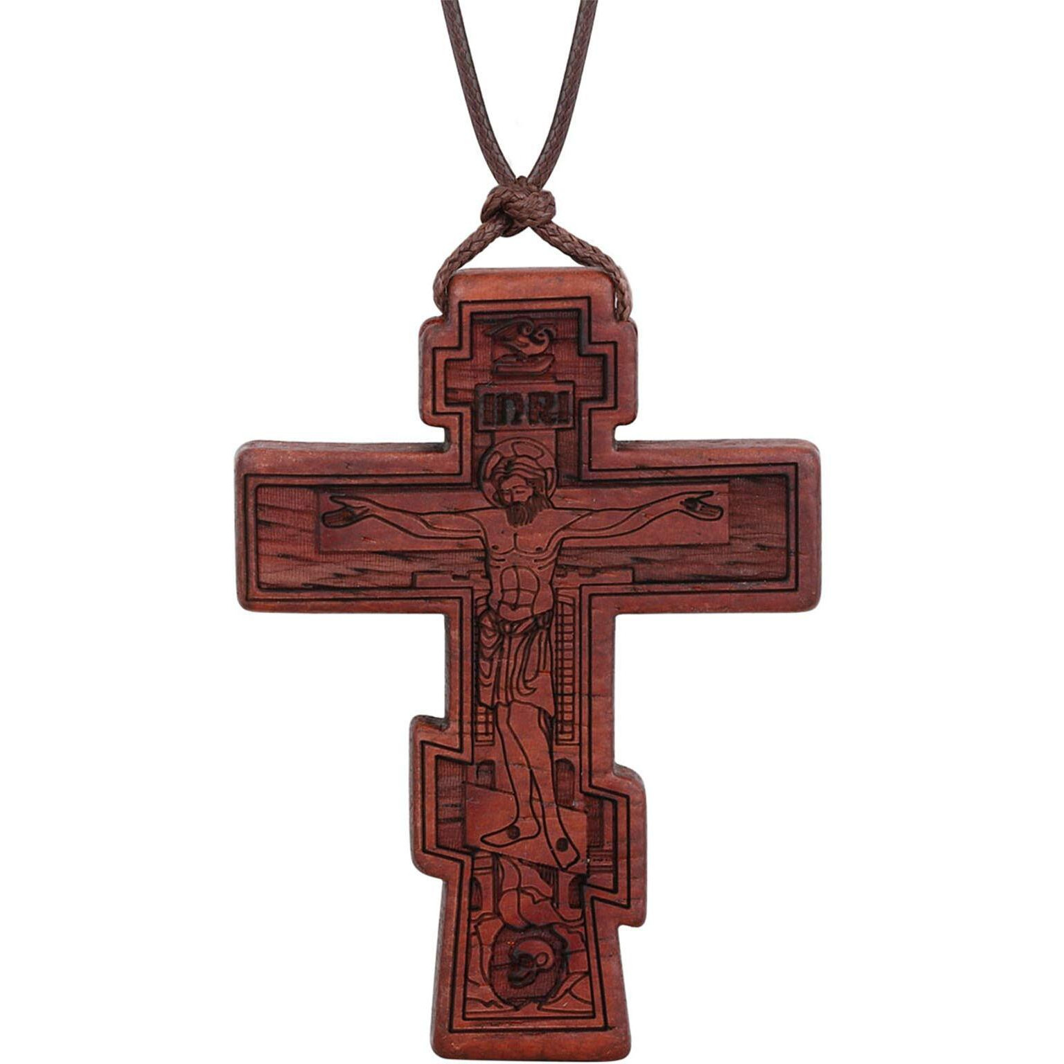 Cottvott Wood Orthodox Cross Pendant Necklace Christian Crucifix Necklace Prayer Jesus For Women Men (B-Red Color)