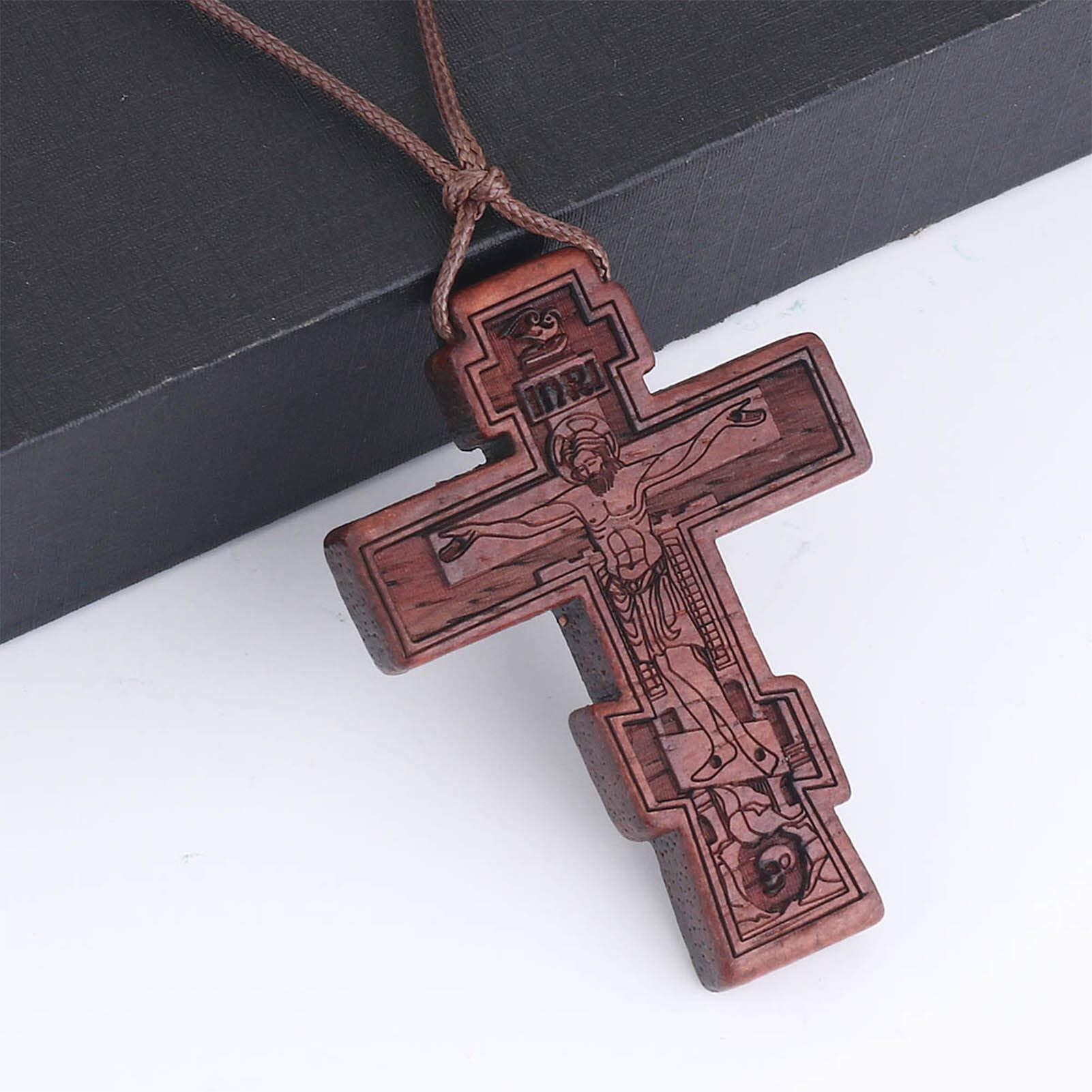 Cottvott Wood Orthodox Cross Pendant Necklace Christian Crucifix Necklace Prayer Jesus For Women Men (B-Red Color)