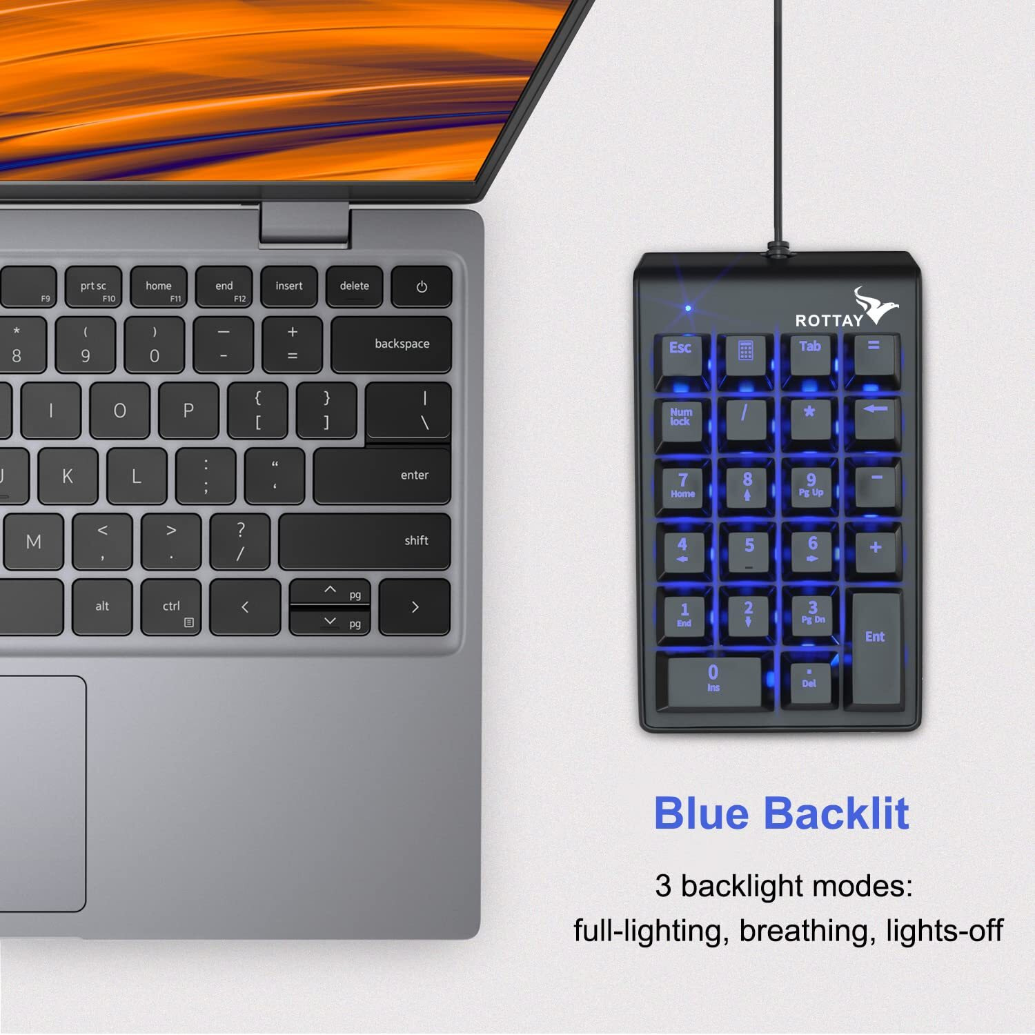 Rottay Number Pad  Mechanical Usb Wired Numeric Keypad With Blue Led Backlit 22 Key Numpad For Laptop Desktop Computer Pc Black (Blue Switches)