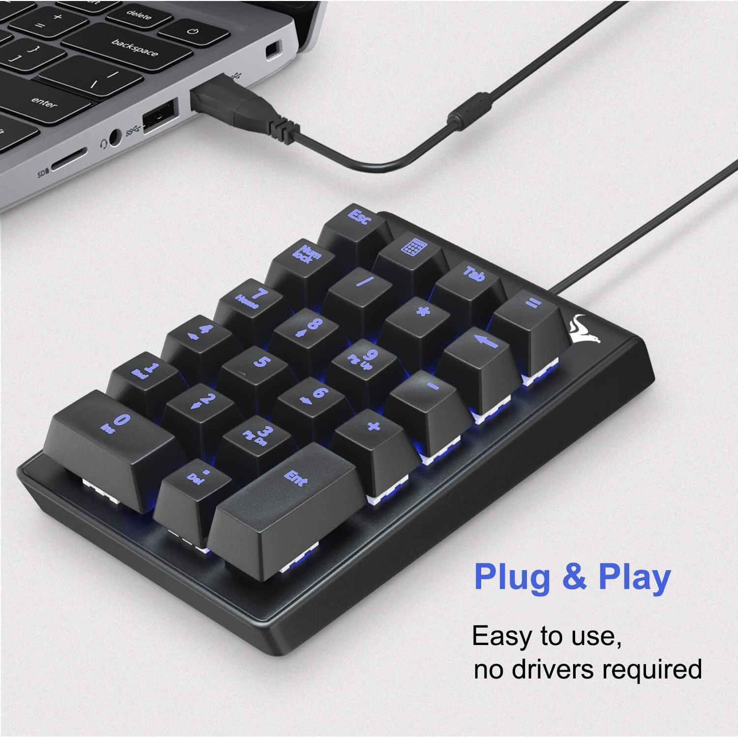 Rottay Number Pad  Mechanical Usb Wired Numeric Keypad With Blue Led Backlit 22 Key Numpad For Laptop Desktop Computer Pc Black (Blue Switches)