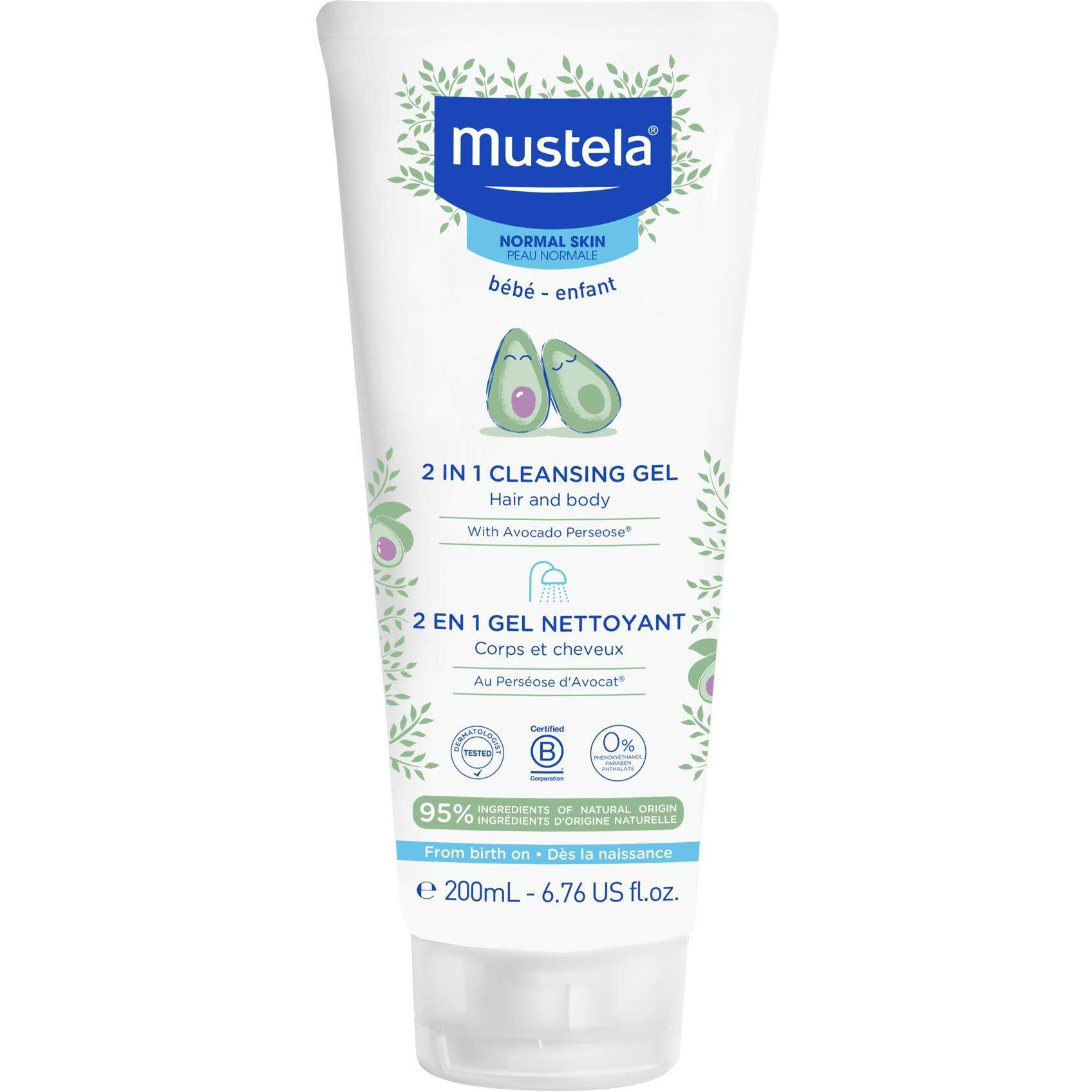 Mustela Baby 2-In-1 Cleansing Gel - Baby Body & Hair Cleanser - With Natural Avocado - Biodegradable Formula & Tear-Free - 6.76 Fl. Oz. (Pack Of 1)
