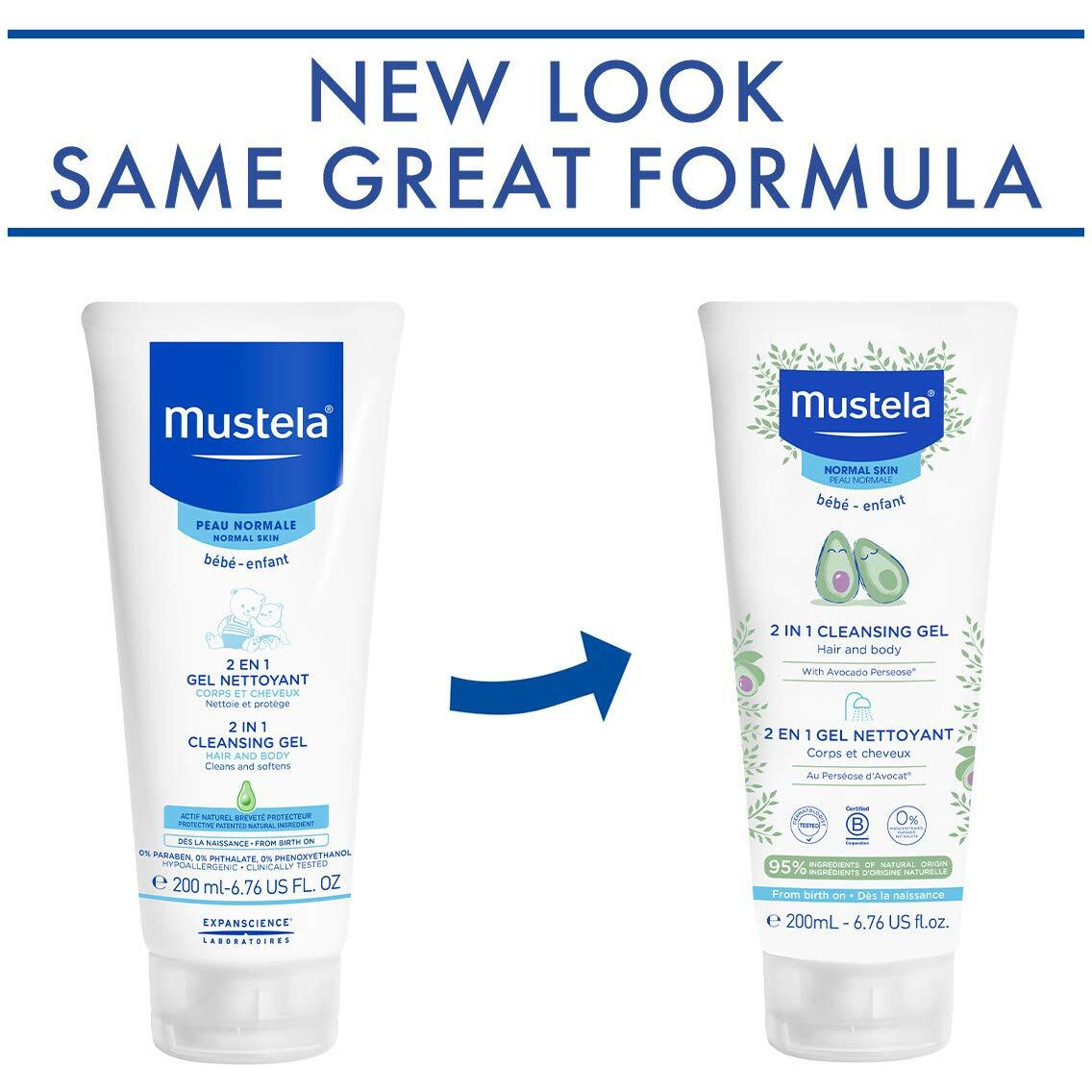 Mustela Baby 2-In-1 Cleansing Gel - Baby Body & Hair Cleanser - With Natural Avocado - Biodegradable Formula & Tear-Free - 6.76 Fl. Oz. (Pack Of 1)