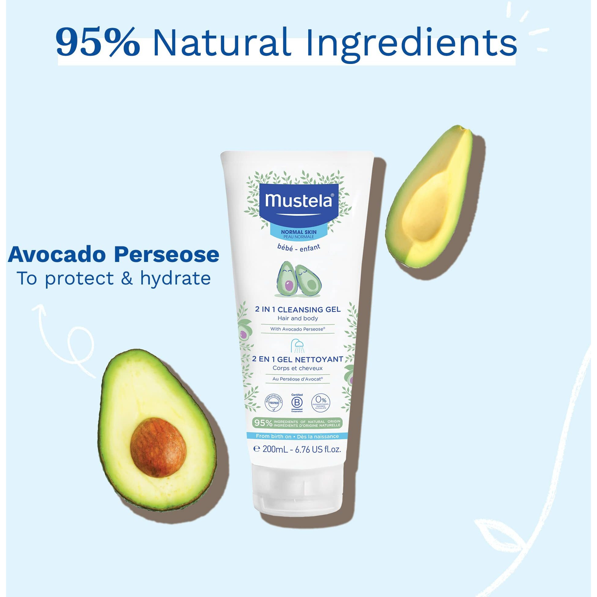 Mustela Baby 2-In-1 Cleansing Gel - Baby Body & Hair Cleanser - With Natural Avocado - Biodegradable Formula & Tear-Free - 6.76 Fl. Oz. (Pack Of 1)