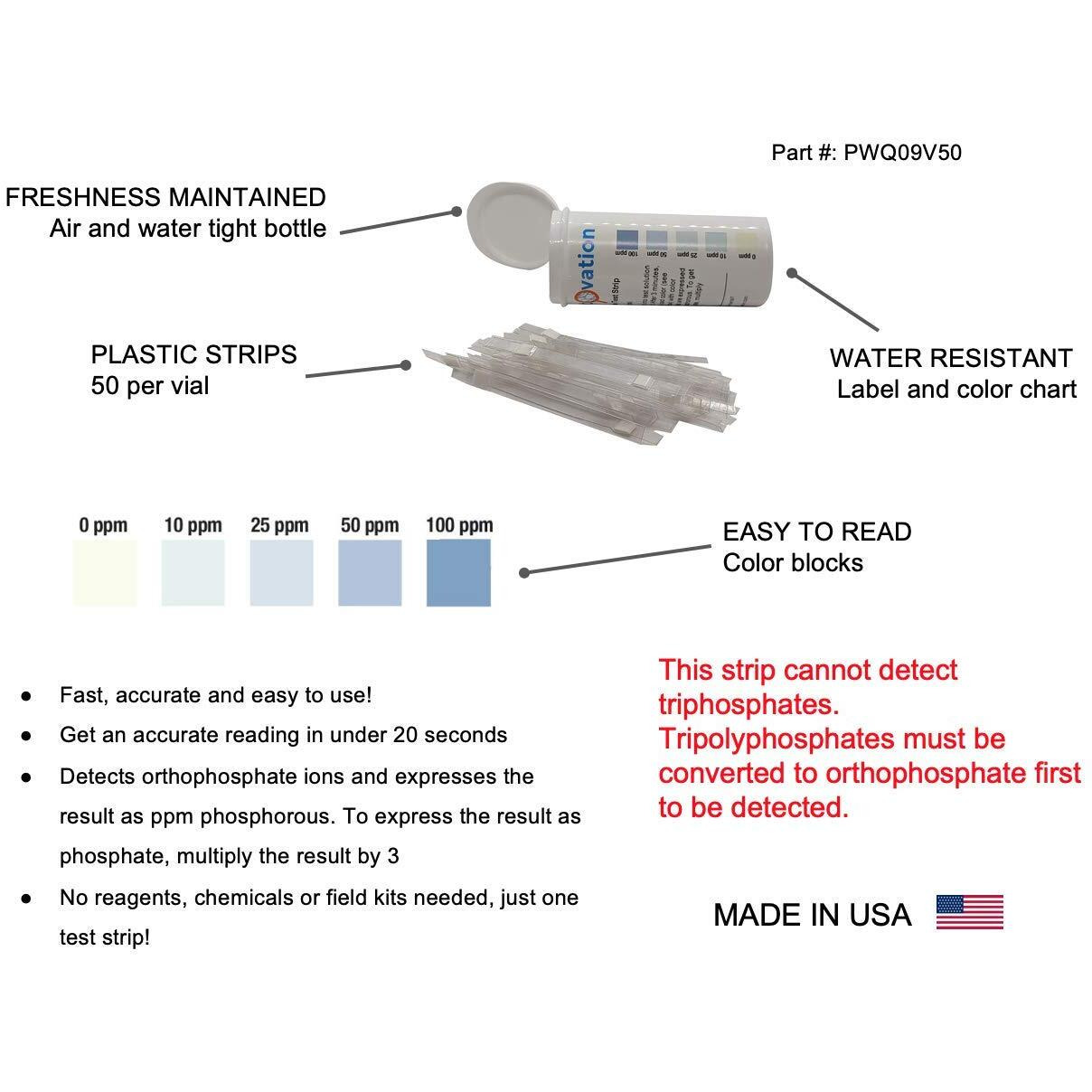 Phosphorus And Phosphate Detection Test Strips  0-100 Ppm [Vial Of 50 Strips]
