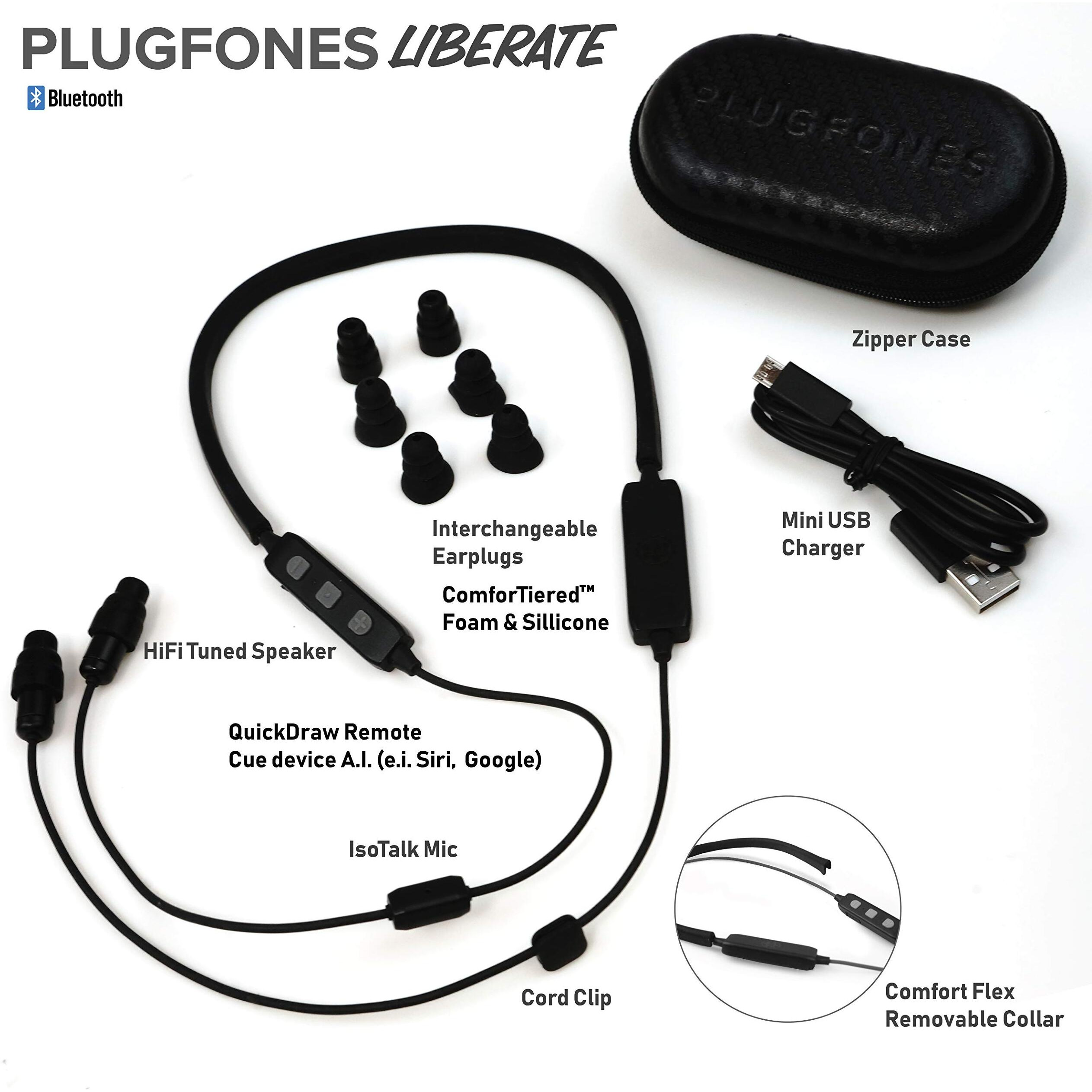 Plugfones Liberate 2.0 Wireless Bluetooth In-Ear Earplug Earbuds - Noise Reduction Headphones With Noise Isolating Mic And Controls (Black & Gray)