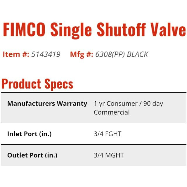 Fimco 7771873 (Oem No. 5143419) Single Shut-Off Valve For Lawn & Garden Sprayers With Manifolds  3/4"" Orifice Size  Black Nylon