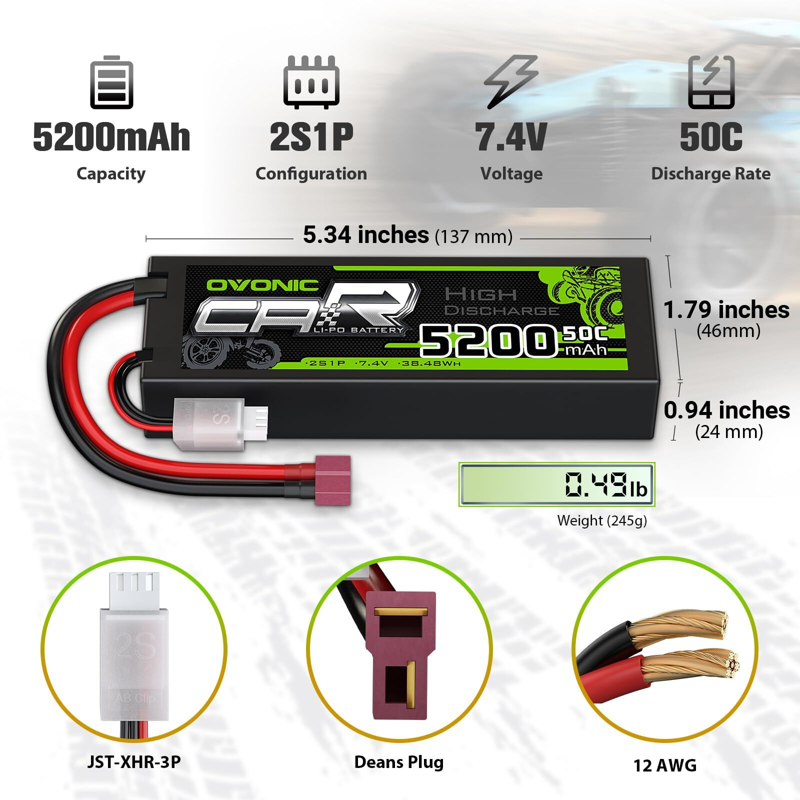 Ovonic 2S Lipo Battery 50C 5200Mah 7.4V Lipo Battery With Deans Connector For Car Truck Boat Vehicles