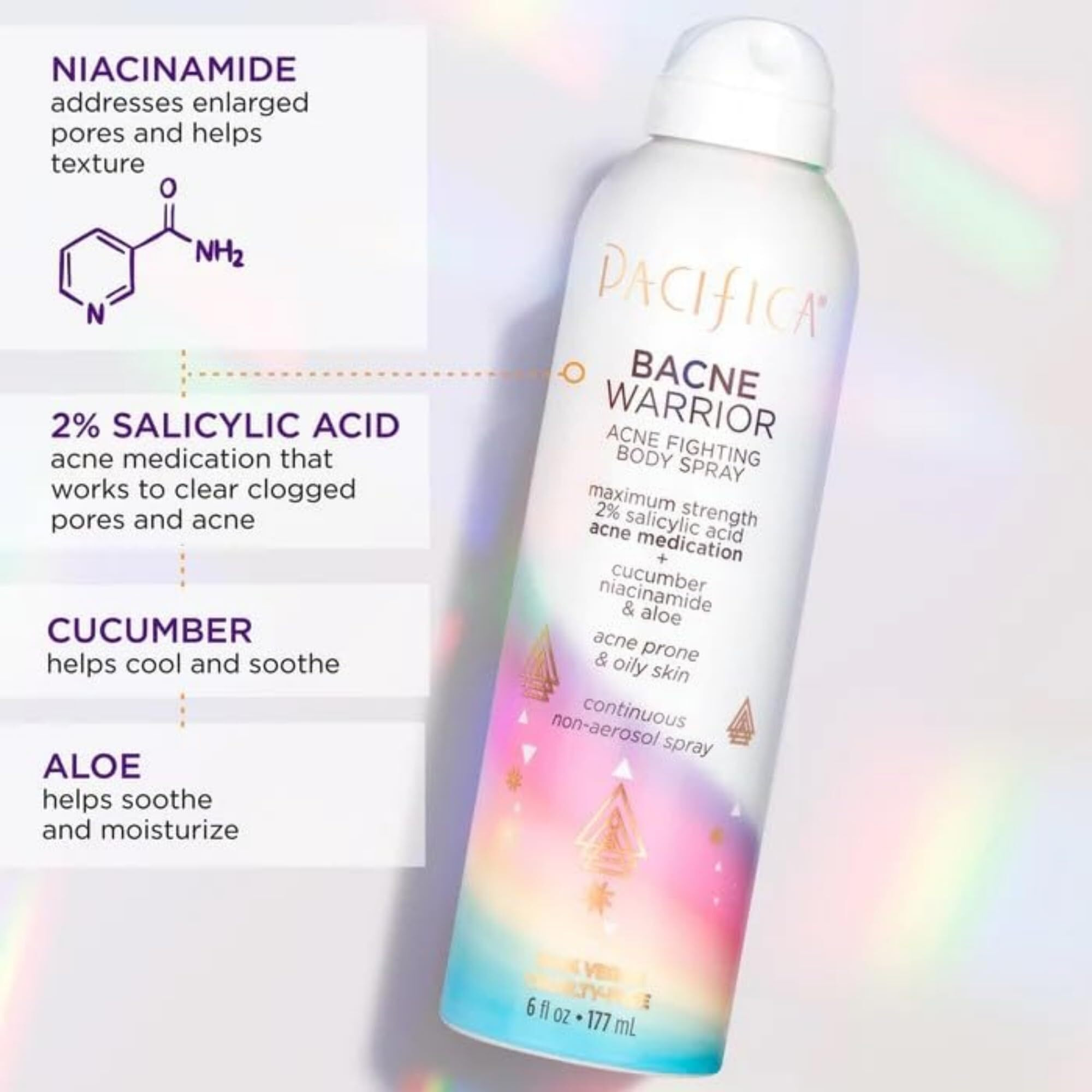Pacifica Bacne Acne Cleanser Spray - Bacne Warrior - Body Spray For Acne Treatment - W/ 2% Salicylic Acid Niacinamide & Aloe - For Body  Chest & Back Acne For Teens & Adults Vegan Dermatologist Tested