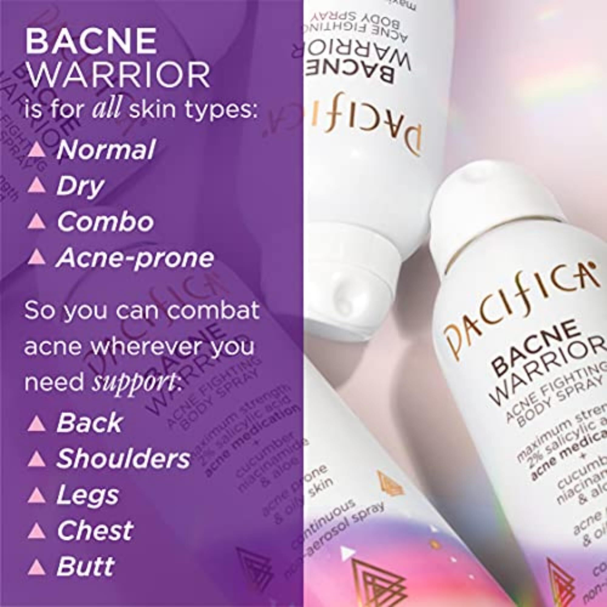Pacifica Bacne Acne Cleanser Spray - Bacne Warrior - Body Spray For Acne Treatment - W/ 2% Salicylic Acid Niacinamide & Aloe - For Body  Chest & Back Acne For Teens & Adults Vegan Dermatologist Tested