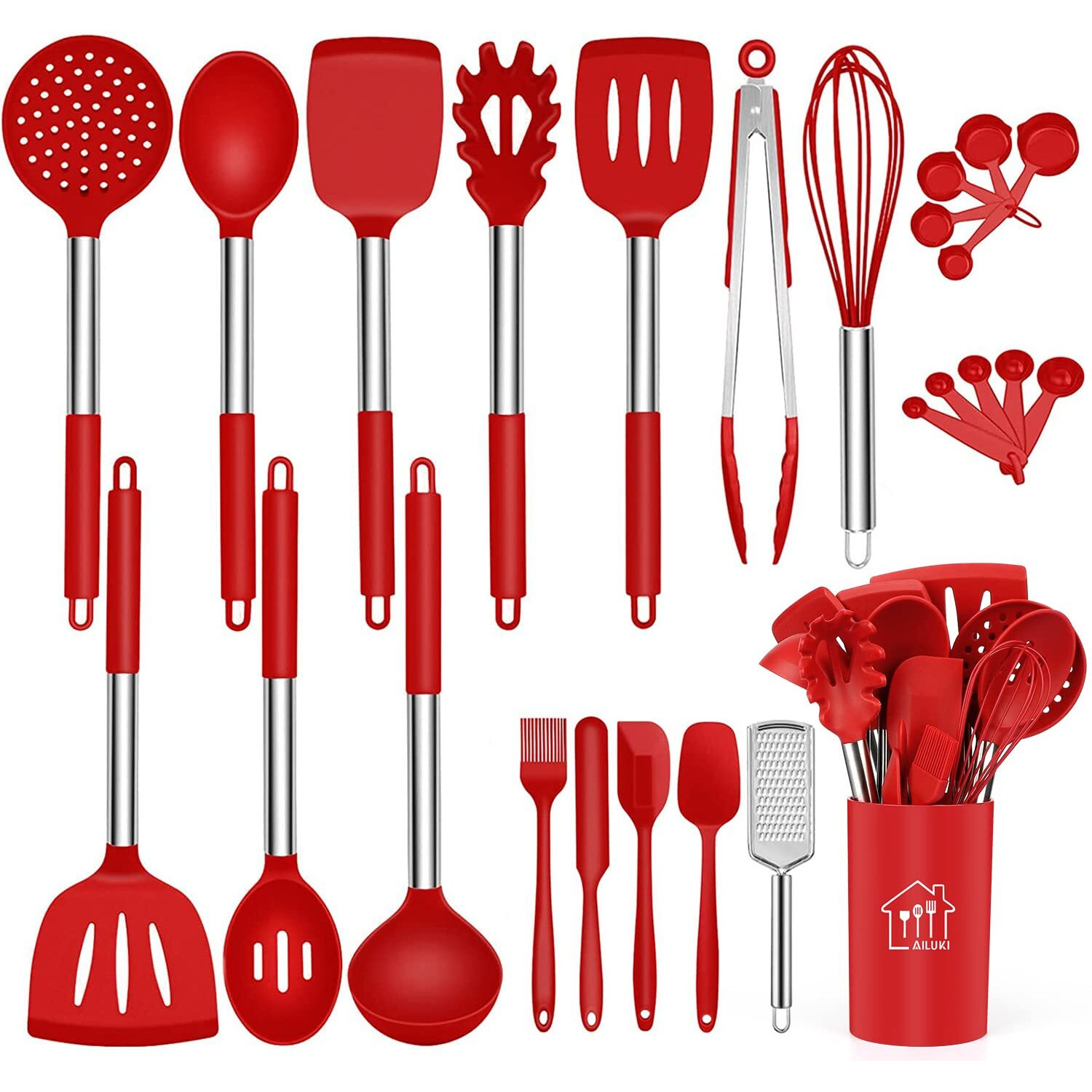 Silicone Cooking Utensil Set Kitchen Utensils 26 Pcs Set Non-Stick Heat Resistant Silicone Cookware With Stainless Steel Handle - Red