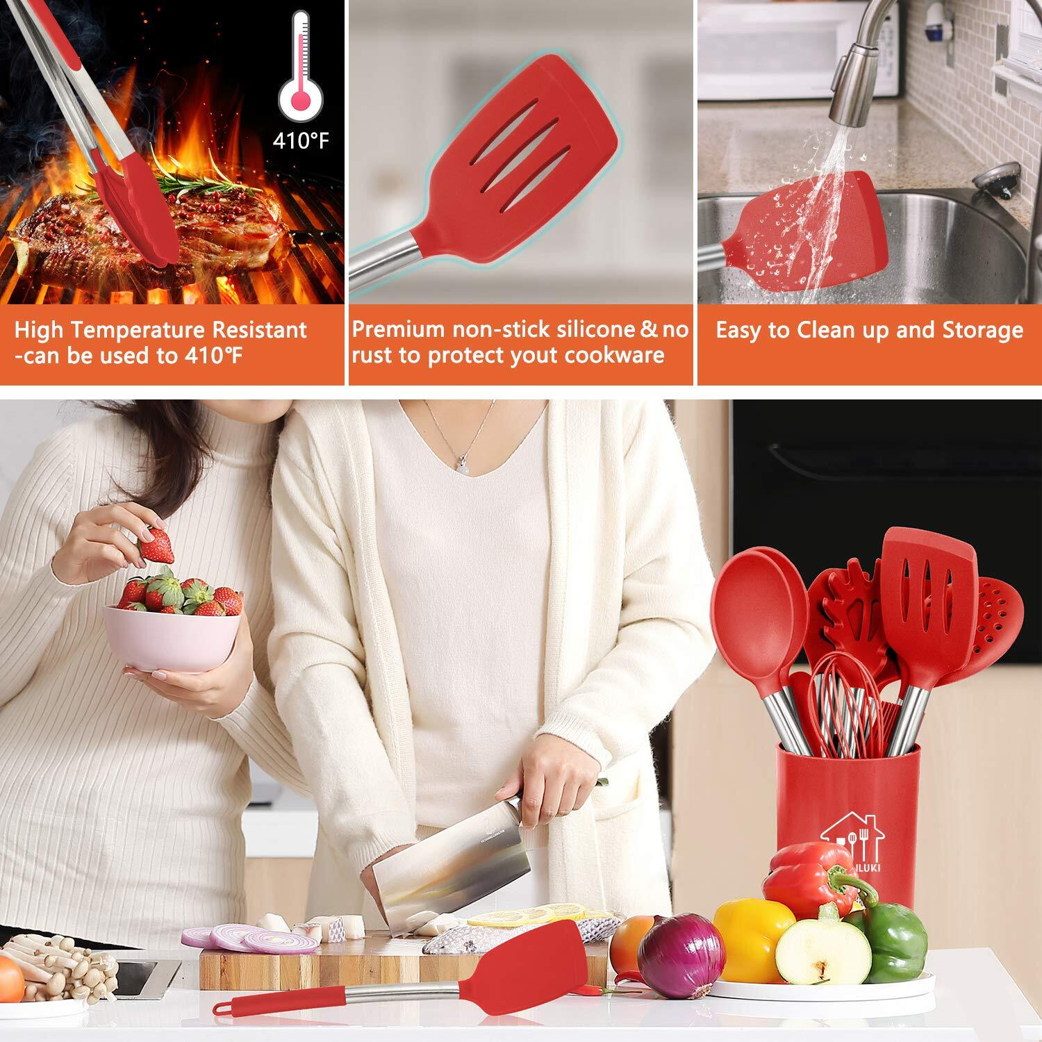 Silicone Cooking Utensil Set Kitchen Utensils 26 Pcs Set Non-Stick Heat Resistant Silicone Cookware With Stainless Steel Handle - Red