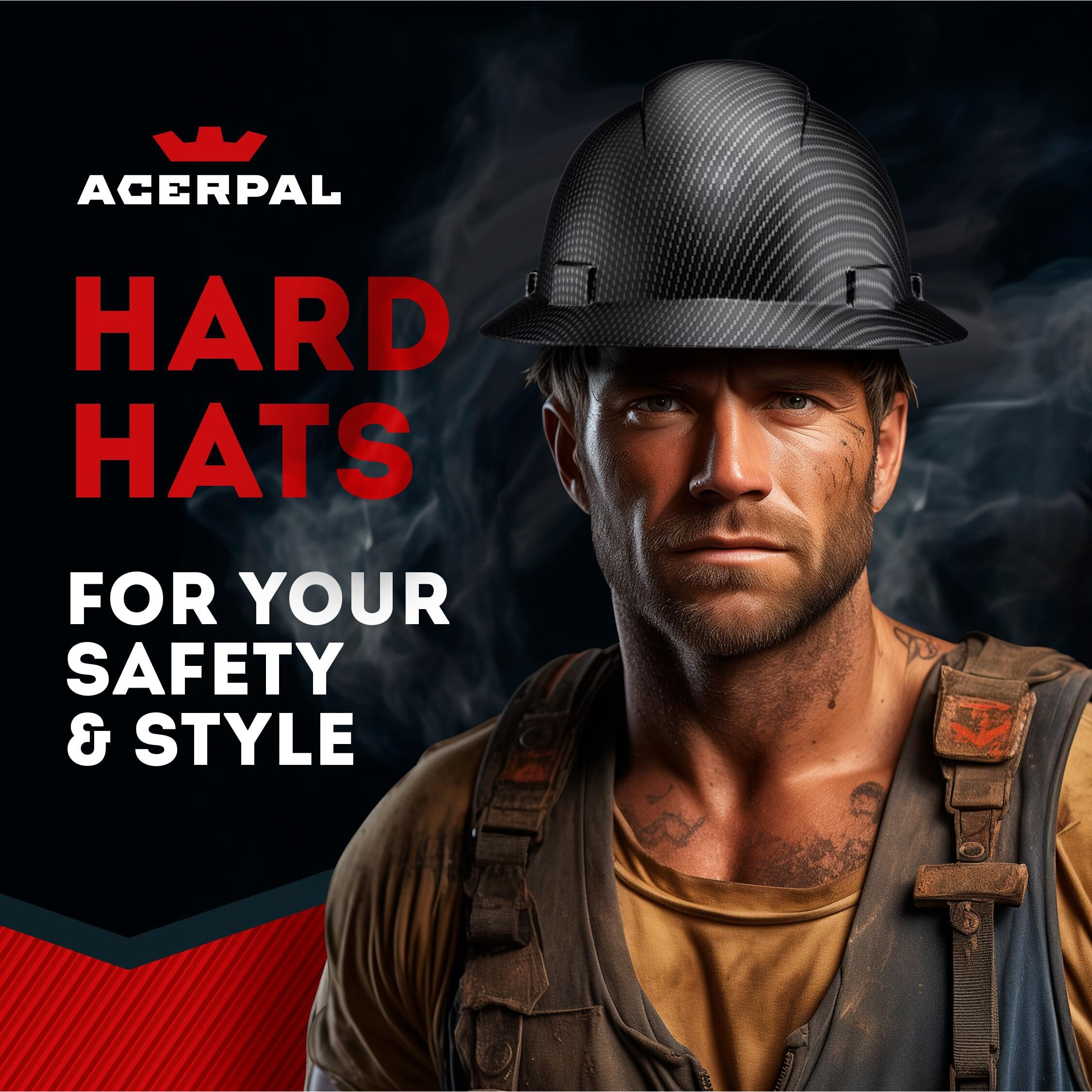 Acerpal Full Brim Non-Vented Classic Black Carbon Fiber Design Matte Finish Osha Construction Approved Hard Hat With 6-Point Suspension Casco De Construccion