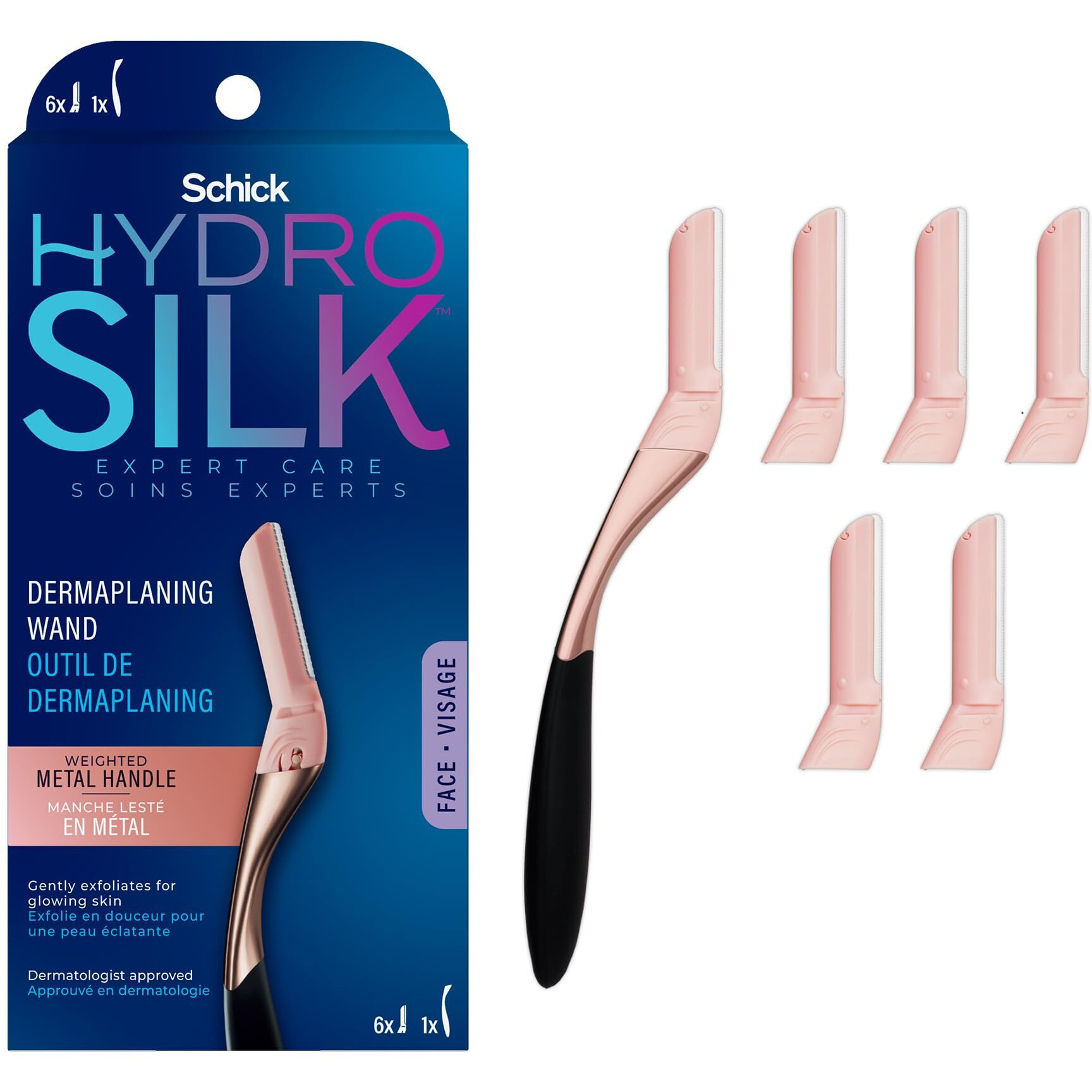 Schick Hydro Silk Dermaplaning Wand For Face With 6 Refill Blades | Dermaplane Peach Fuzz Remover  Eyebrow Razor  Face Razor  Facial Razor  Professional Style Skincare Tool